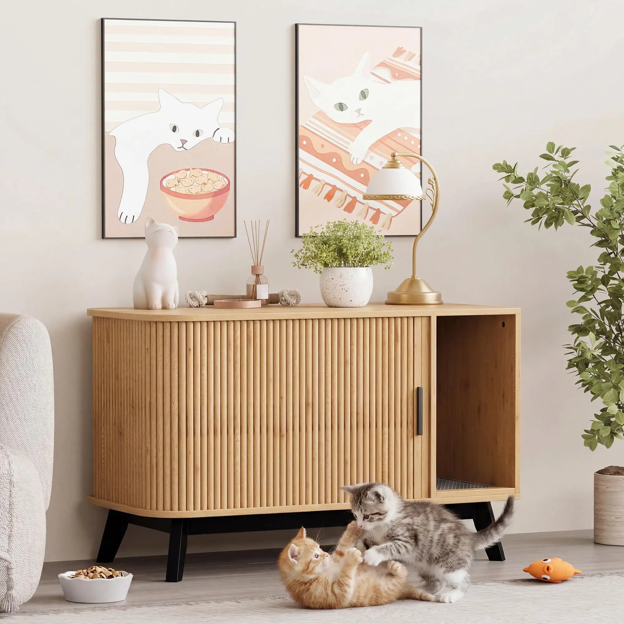Cat Litter Box Enclosure 39 Inch Hidden Litter Box Furniture With Cat Litter Mat And Sliding Door Modern Indoor Cat House Side End Table For Living Room Natural Wood Color