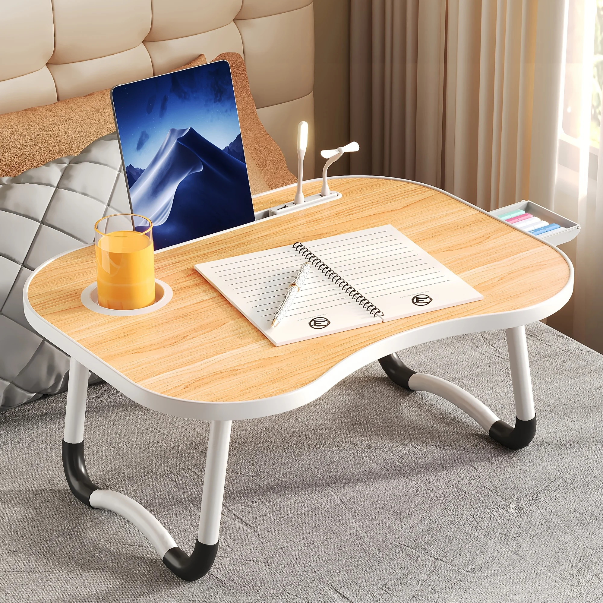 1. Multifunction Fold Lap Desk Portable Bed Laptop Table with Reading Light & Storage Drawer, Foldable Computer Breakfast Tray for Bed Sofa