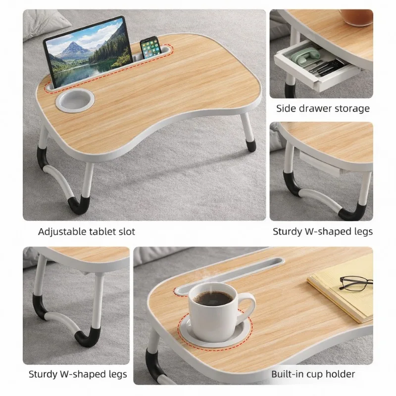 1. Multifunction Fold Lap Desk Portable Bed Laptop Table with Reading Light & Storage Drawer, Foldable Computer Breakfast Tray for Bed Sofa