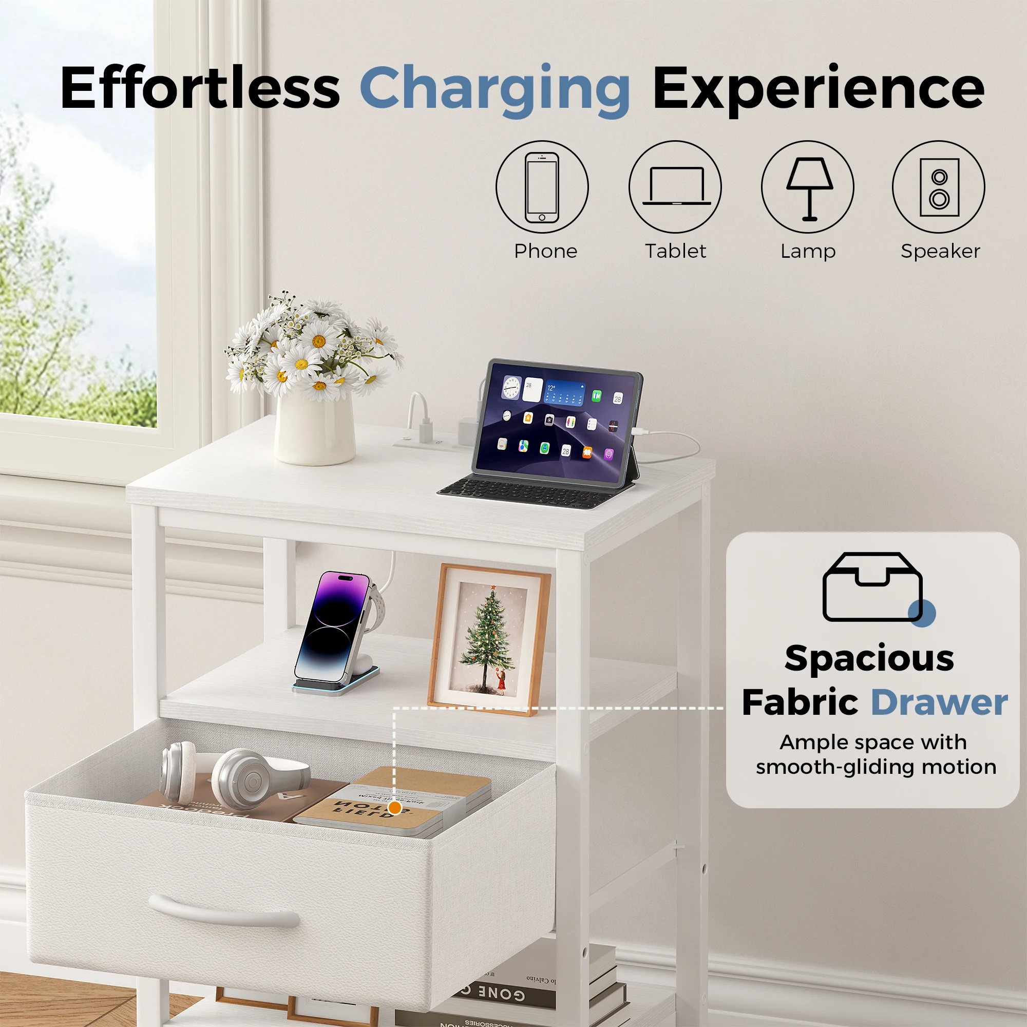 JHK 3-Tier Nightstand Set of 2 with Wireless Charging Station Bedside Tables with Adjustable Fabric Drawers Storage Open Shelf