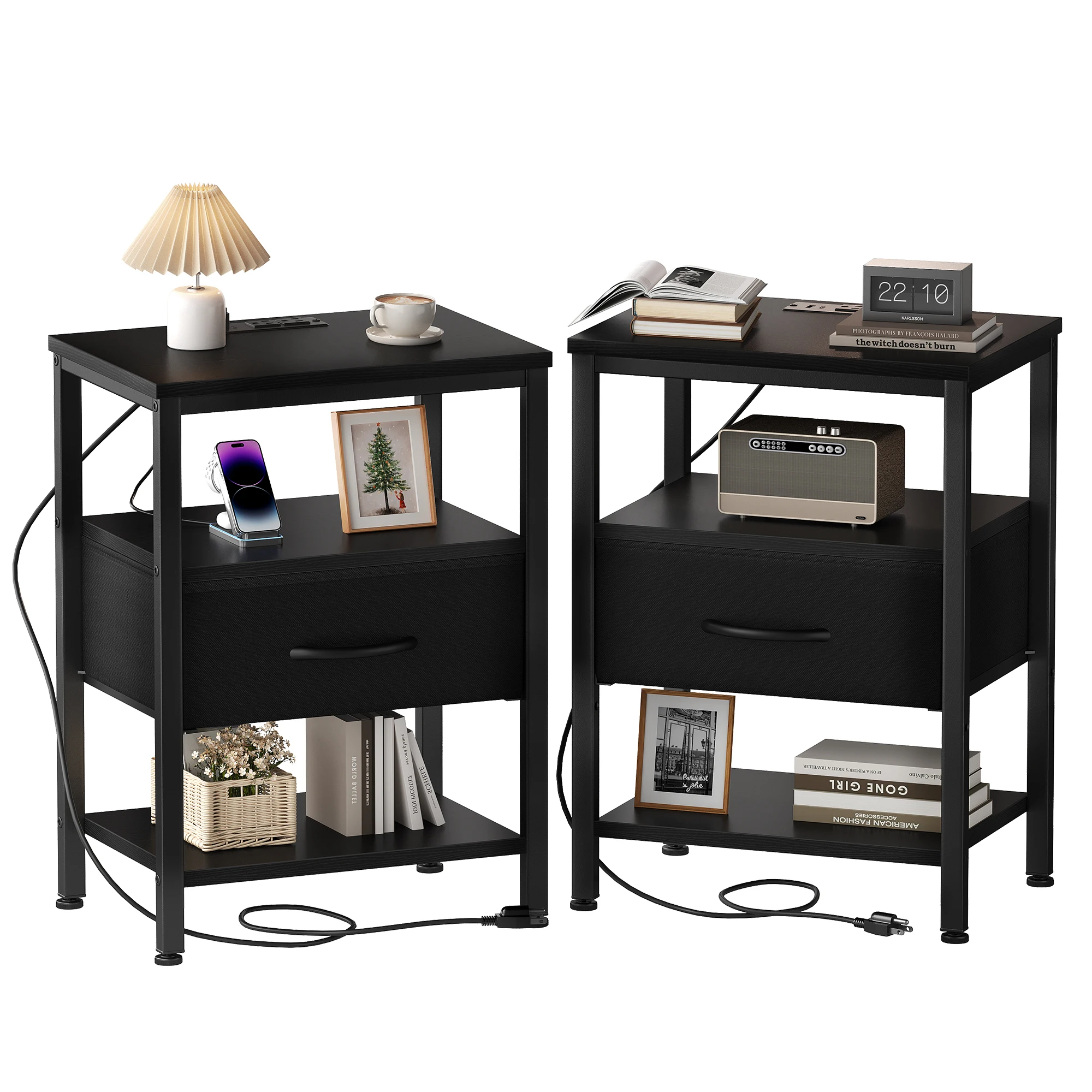 JHK 3-Tier Nightstand Set of 2 with Wireless Charging Station Bedside Tables with Adjustable Fabric Drawers Storage Open Shelf
