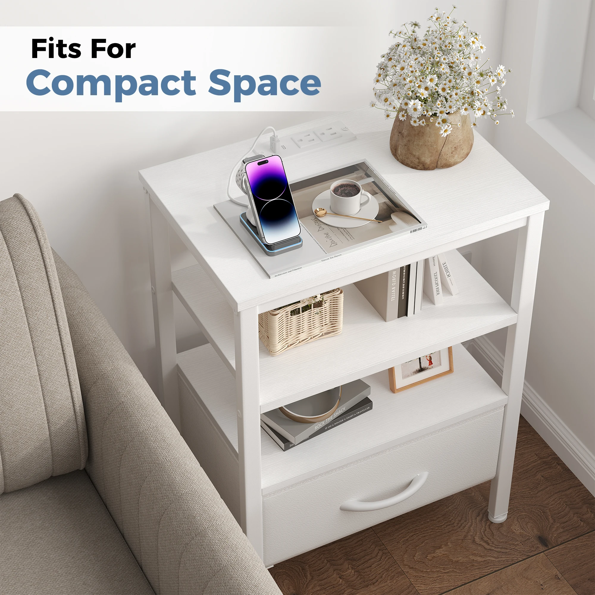 JHK 3-Tier Nightstand Set of 2 with Wireless Charging Station Bedside Tables with Adjustable Fabric Drawers Storage Open Shelf