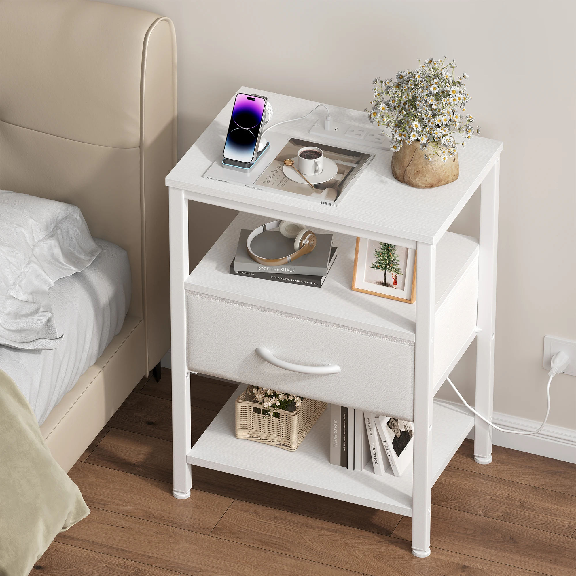 JHK 3-Tier Nightstand Set of 2 with Wireless Charging Station Bedside Tables with Adjustable Fabric Drawers Storage Open Shelf