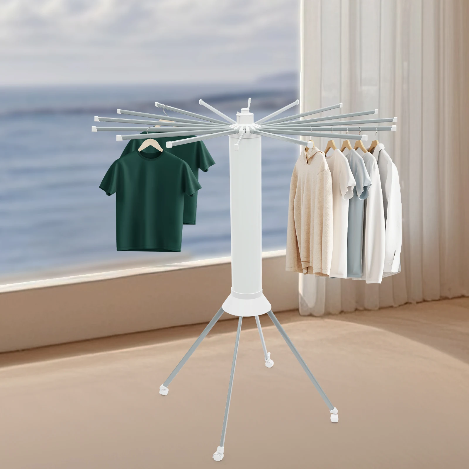 Clothes Drying Rack – 16 Hanging Rods – 88.18 Lbs Capacity – Abs + Carbon Steel – Baking Paint – 4 Swivel Wheels – Foldable – No Assembly Needed – 44.09"X49.21" – for Balcony Laundry – White