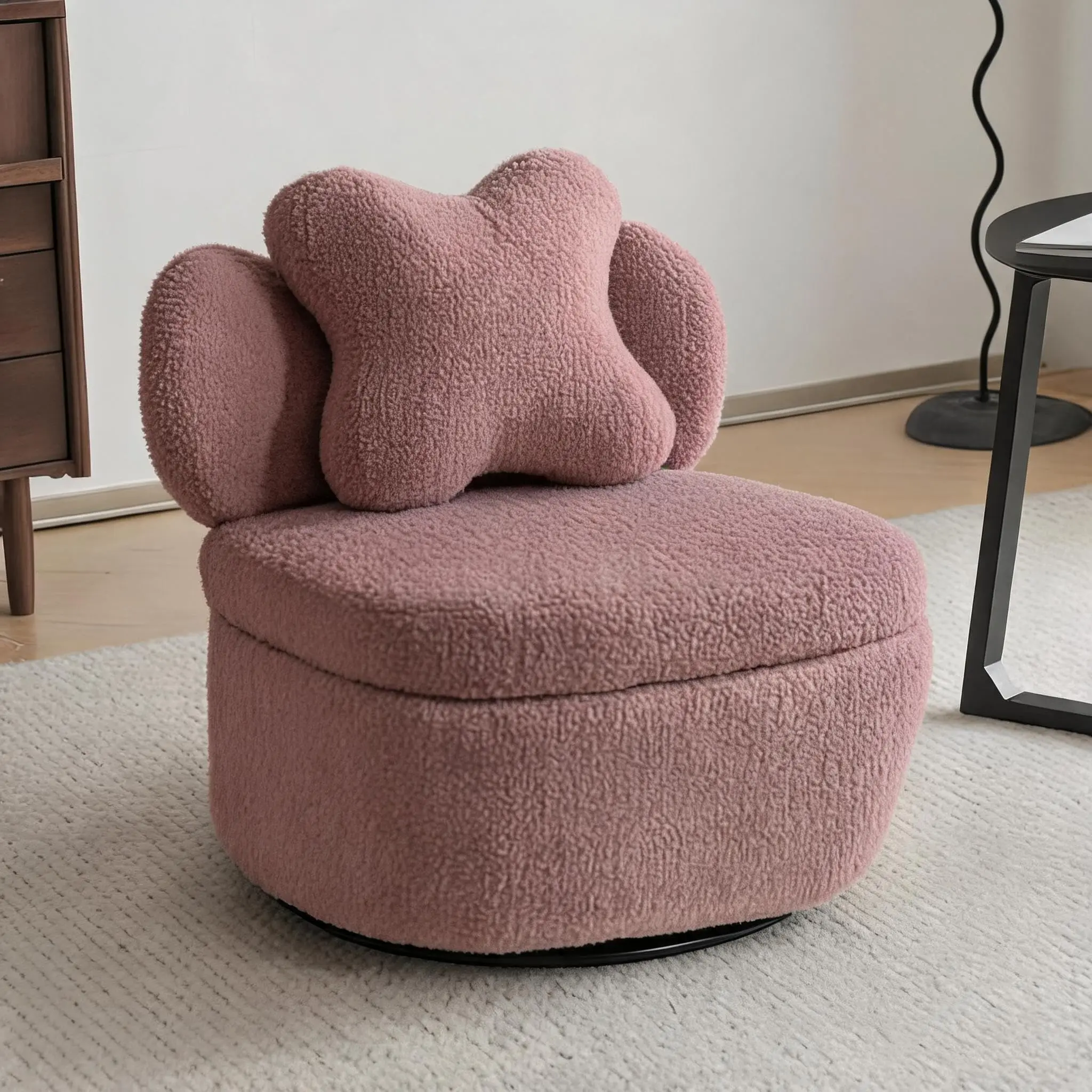 360 Degree Rotating Swivel Accent Chair Teddy Velvet Armchair With Heart Back Ergonomic Upholstered Single Sofa And Hidden Storage Compartment Lounge Chair For Living Room Bedroom