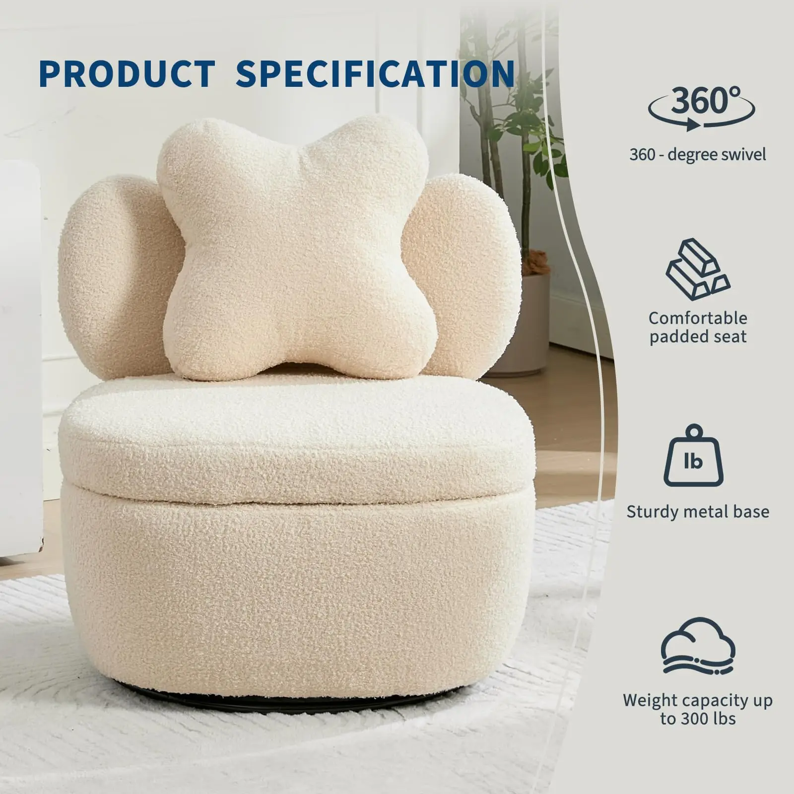 360 Degree Rotating Swivel Accent Chair Teddy Velvet Armchair With Heart Back Ergonomic Upholstered Single Sofa And Hidden Storage Compartment Lounge Chair For Living Room Bedroom