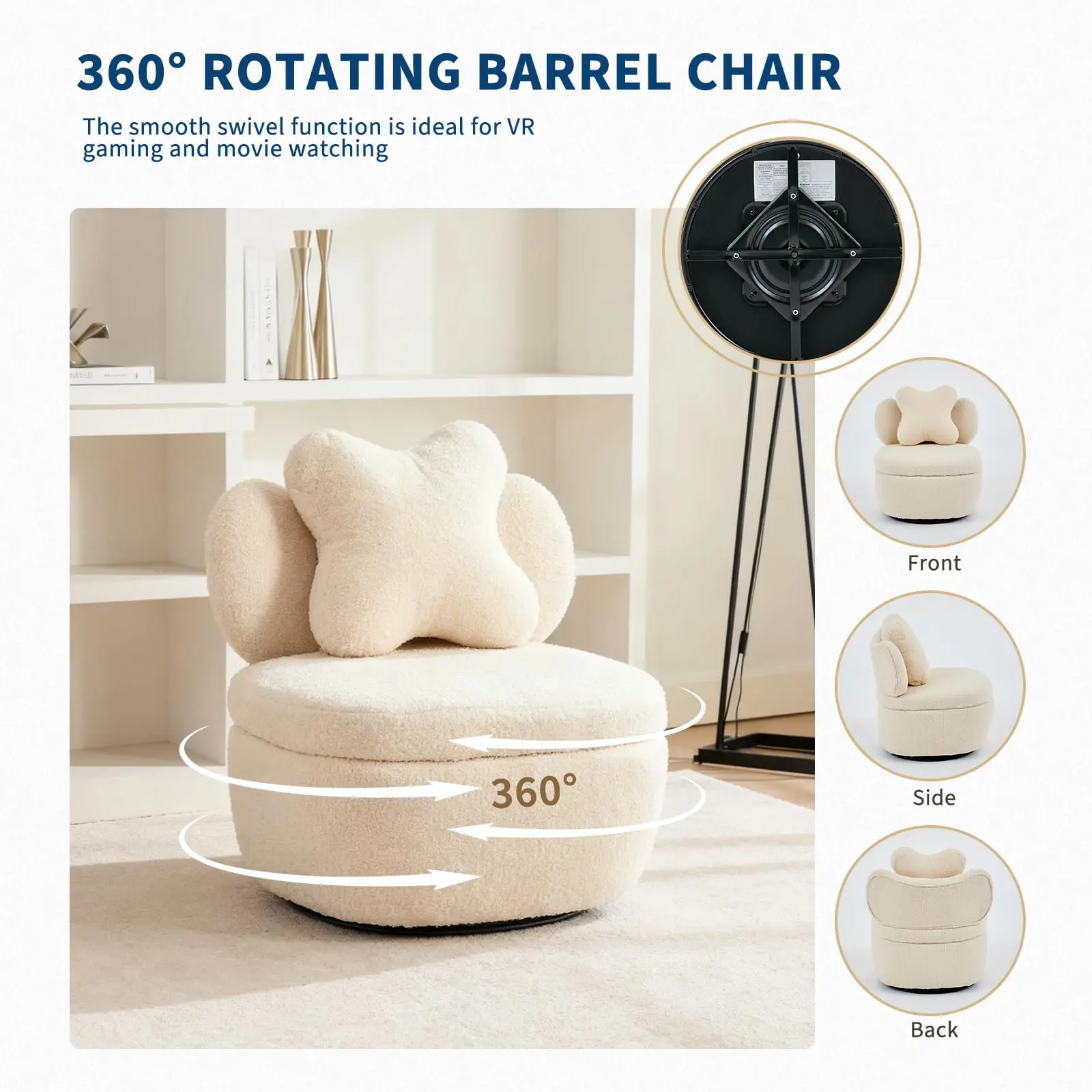 360 Degree Rotating Swivel Accent Chair Teddy Velvet Armchair With Heart Back Ergonomic Upholstered Single Sofa And Hidden Storage Compartment Lounge Chair For Living Room Bedroom