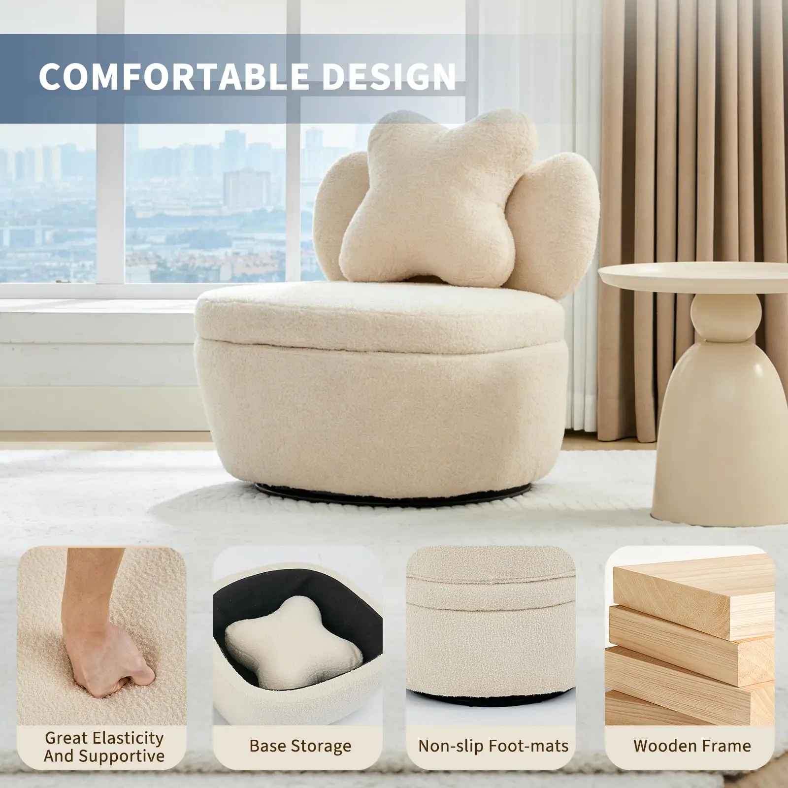 360 Degree Rotating Swivel Accent Chair Teddy Velvet Armchair With Heart Back Ergonomic Upholstered Single Sofa And Hidden Storage Compartment Lounge Chair For Living Room Bedroom