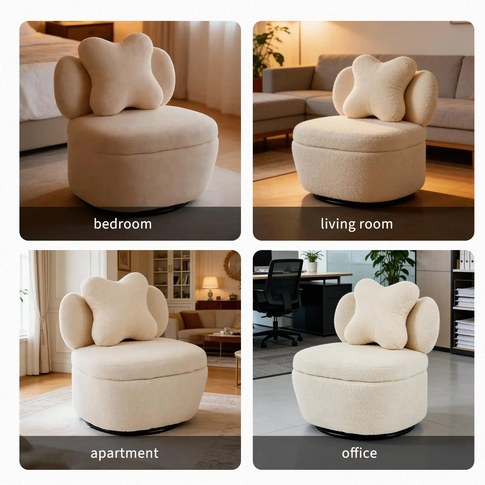 360 Degree Rotating Swivel Accent Chair Teddy Velvet Armchair With Heart Back Ergonomic Upholstered Single Sofa And Hidden Storage Compartment Lounge Chair For Living Room Bedroom
