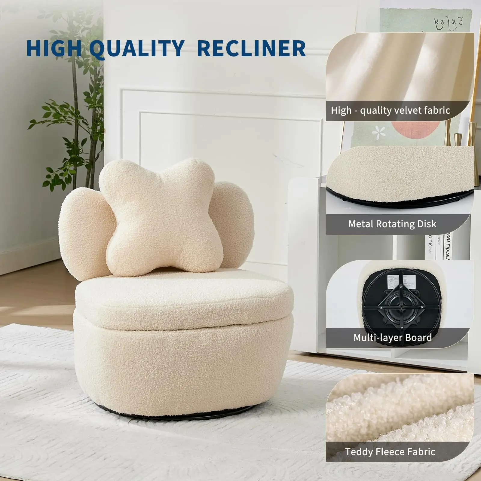 360 Degree Rotating Swivel Accent Chair Teddy Velvet Armchair With Heart Back Ergonomic Upholstered Single Sofa And Hidden Storage Compartment Lounge Chair For Living Room Bedroom