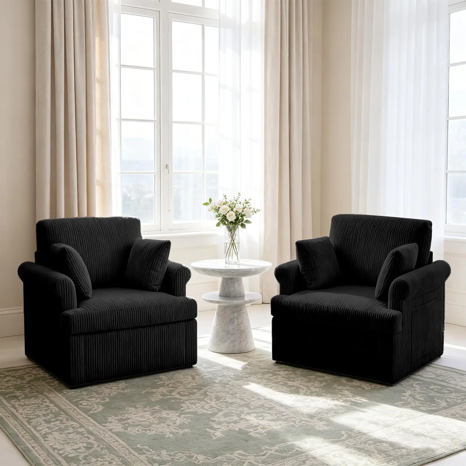 39-Inch 360 Swivel Accent Chair, Large Corduroy Barrel Armchair & 2 Pillows, Storage Pockets For Living Room Bedroom Home Office