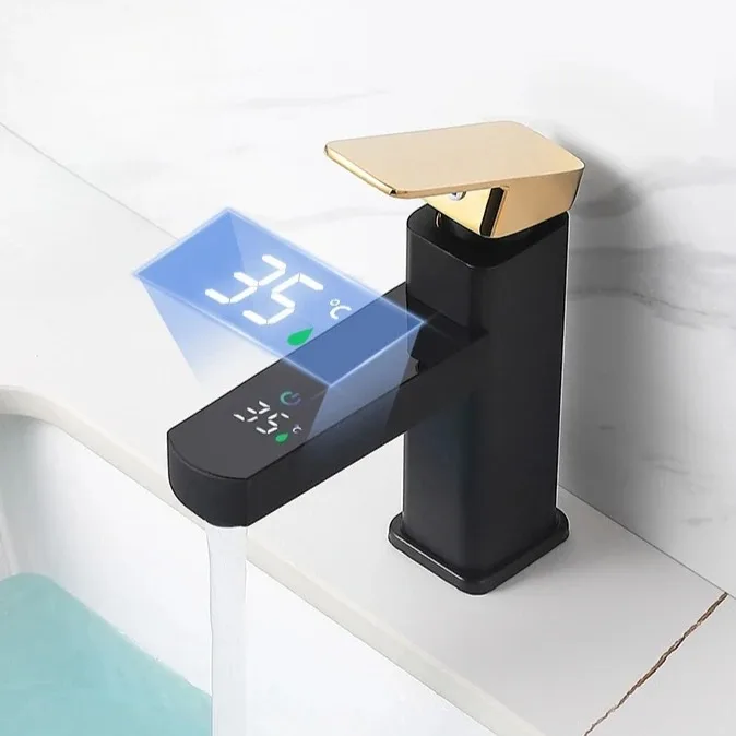 Square Digital Display Temperature Controlled Mixer Tap Hot Cold Water Faucet Household Bathroom Washbasin Cabinet