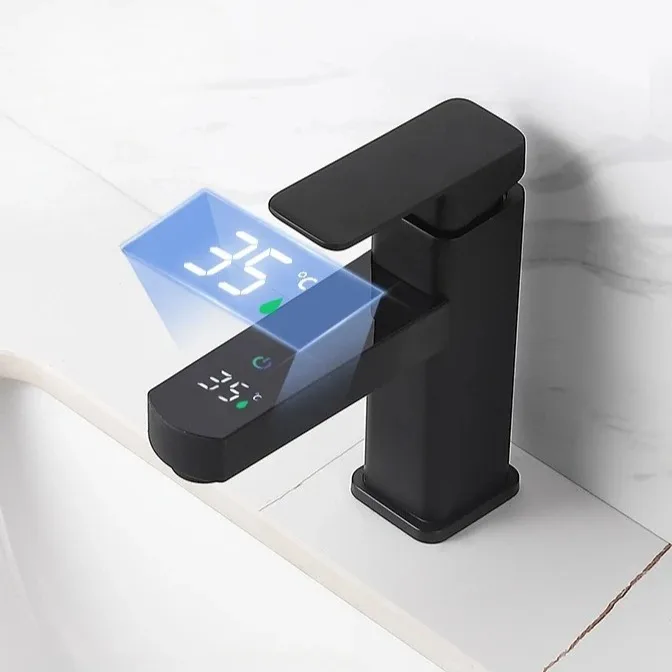 Square Digital Display Temperature Controlled Mixer Tap Hot Cold Water Faucet Household Bathroom Washbasin Cabinet