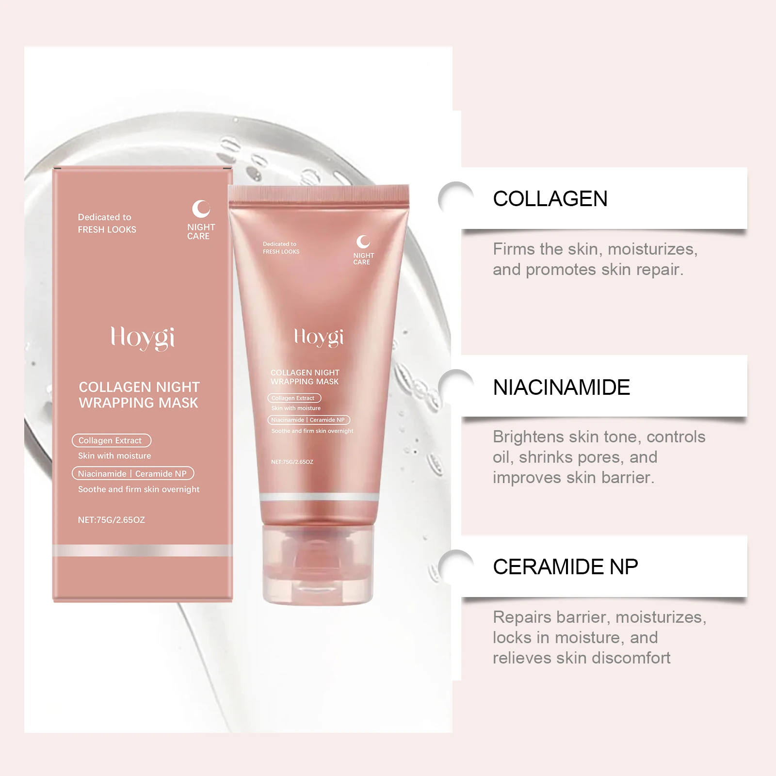 75g Collagen Night Wrapping Mask Firming Hydrating Nourishing Brightening Smoothing Elasticity Niacinamide Ceramide NP Overnight Skin Care