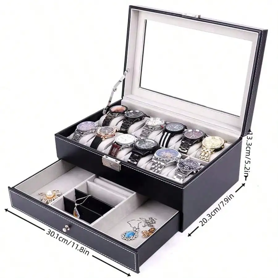 12-Slot Watch Box with Drawer, Luxury Leather Watch Storage Case Organizer, Black Jewelry Display Box for Men, Bracelet Necklace Holder for Women, Vanity