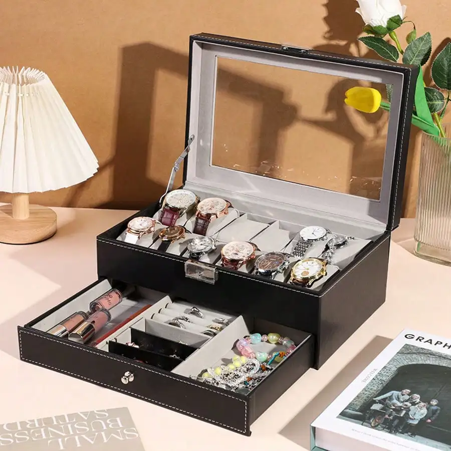 12-Slot Watch Box with Drawer, Luxury Leather Watch Storage Case Organizer, Black Jewelry Display Box for Men, Bracelet Necklace Holder for Women, Vanity