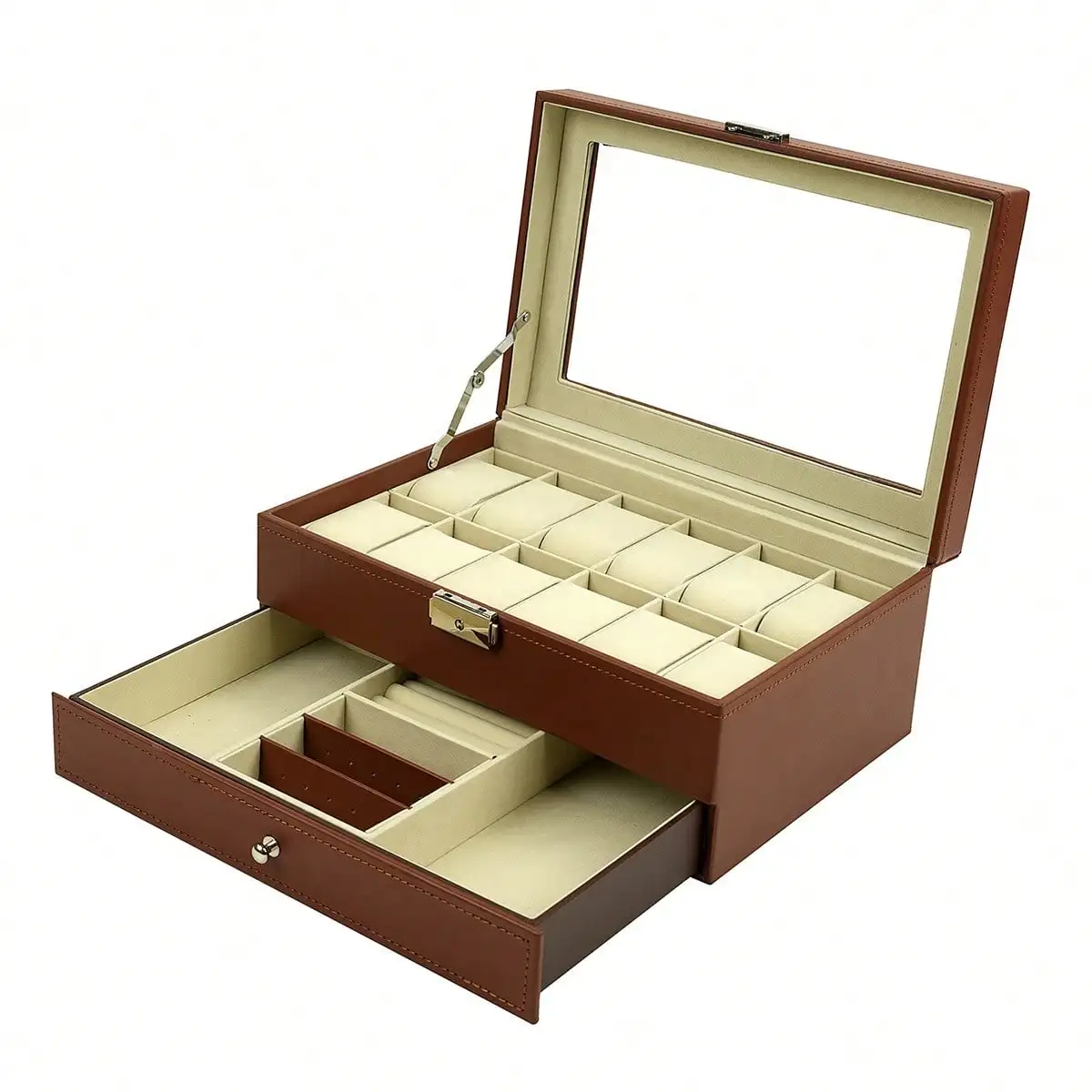 12-Slot Watch Box with Drawer, Luxury Leather Watch Storage Case Organizer, Black Jewelry Display Box for Men, Bracelet Necklace Holder for Women, Vanity