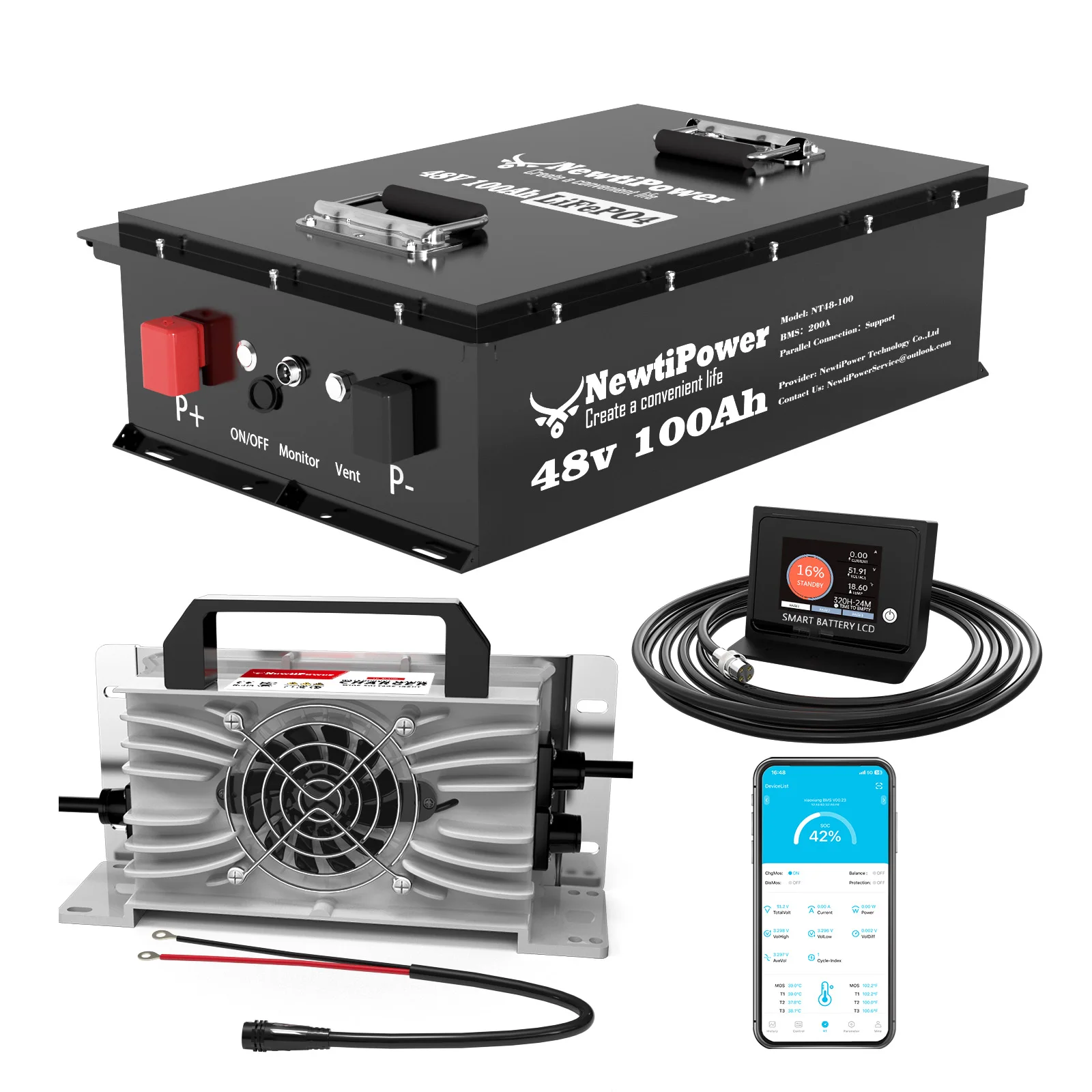 PAOWERIC Complete 48V 100Ah Lithium Golf Cart Battery System w/ 200A BMS + 58.4V Charger, Drop-In Ready for Club Car, EZGO, Yamaha, Marine & Solar Backup