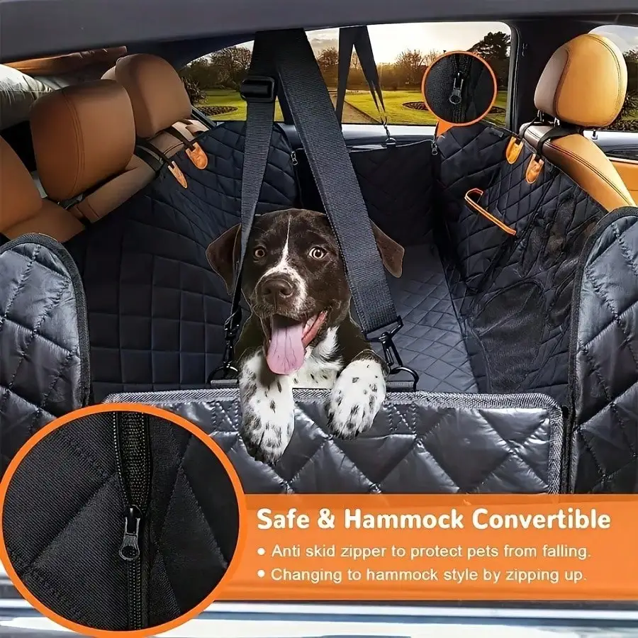 Waterproof Dog Car Back Seat Cover With Breathable Mesh Window Heavy Duty Oxford Fabric Anti-Scratch Pet Back Seat Protector With Storage Pockets Side Flaps & Carry Handles Universal For Most Vehicles
