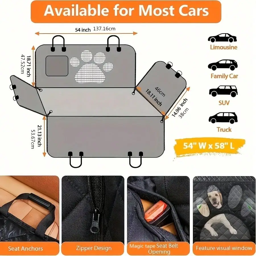 Waterproof Dog Car Back Seat Cover With Breathable Mesh Window Heavy Duty Oxford Fabric Anti-Scratch Pet Back Seat Protector With Storage Pockets Side Flaps & Carry Handles Universal For Most Vehicles