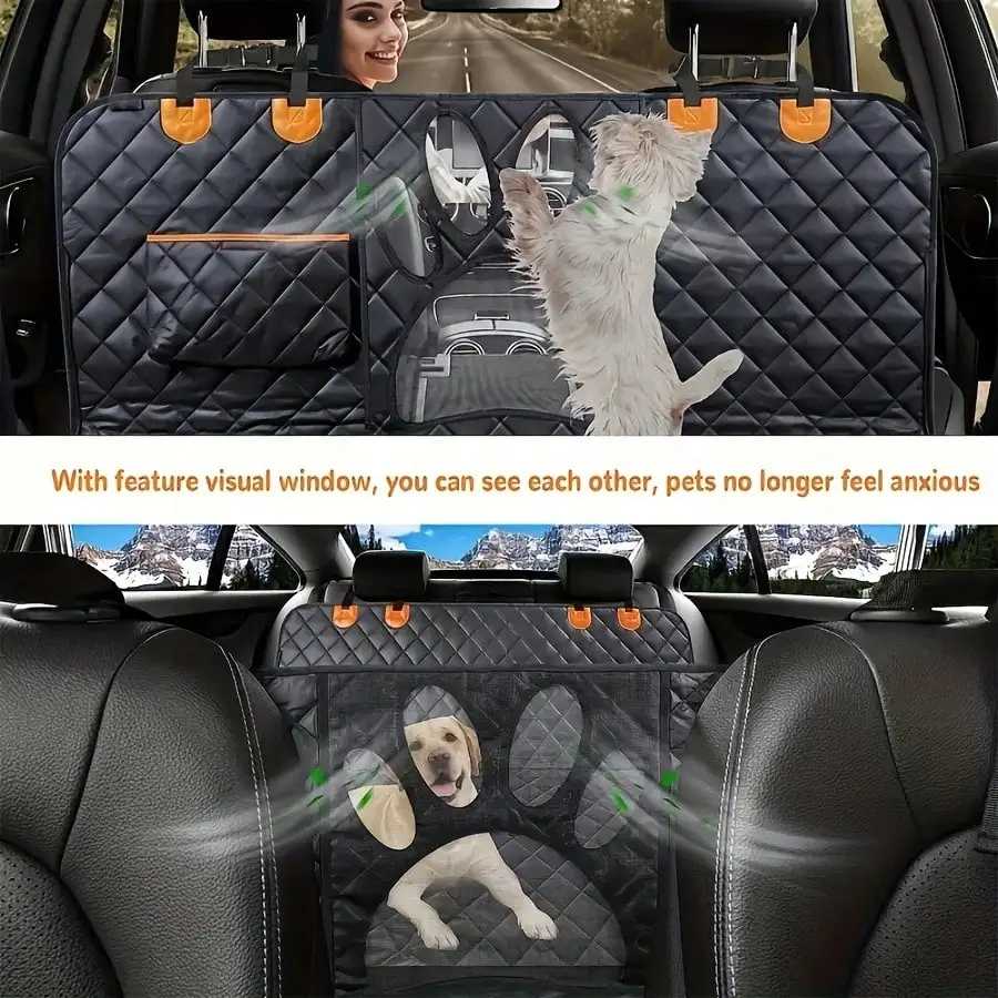 Waterproof Dog Car Back Seat Cover With Breathable Mesh Window Heavy Duty Oxford Fabric Anti-Scratch Pet Back Seat Protector With Storage Pockets Side Flaps & Carry Handles Universal For Most Vehicles