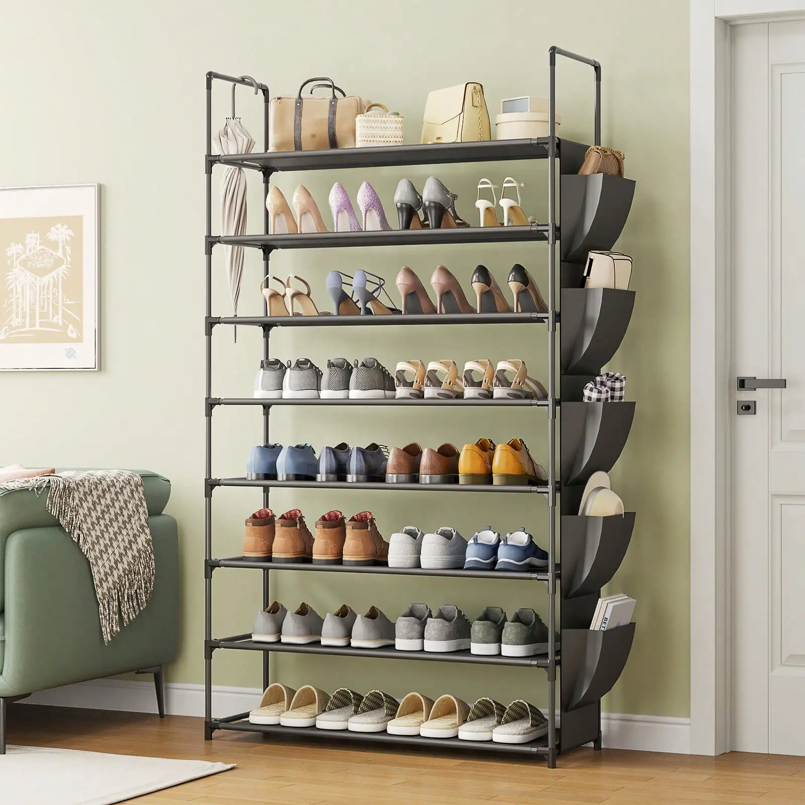 8 Tier Shoe Rack Organizer, 33" Wide Tall Metal & Plastic Shoe Storage Shelf, Holds 32-40 Pairs, Space Saving Narrow Freestanding Rack for Closet Entryway