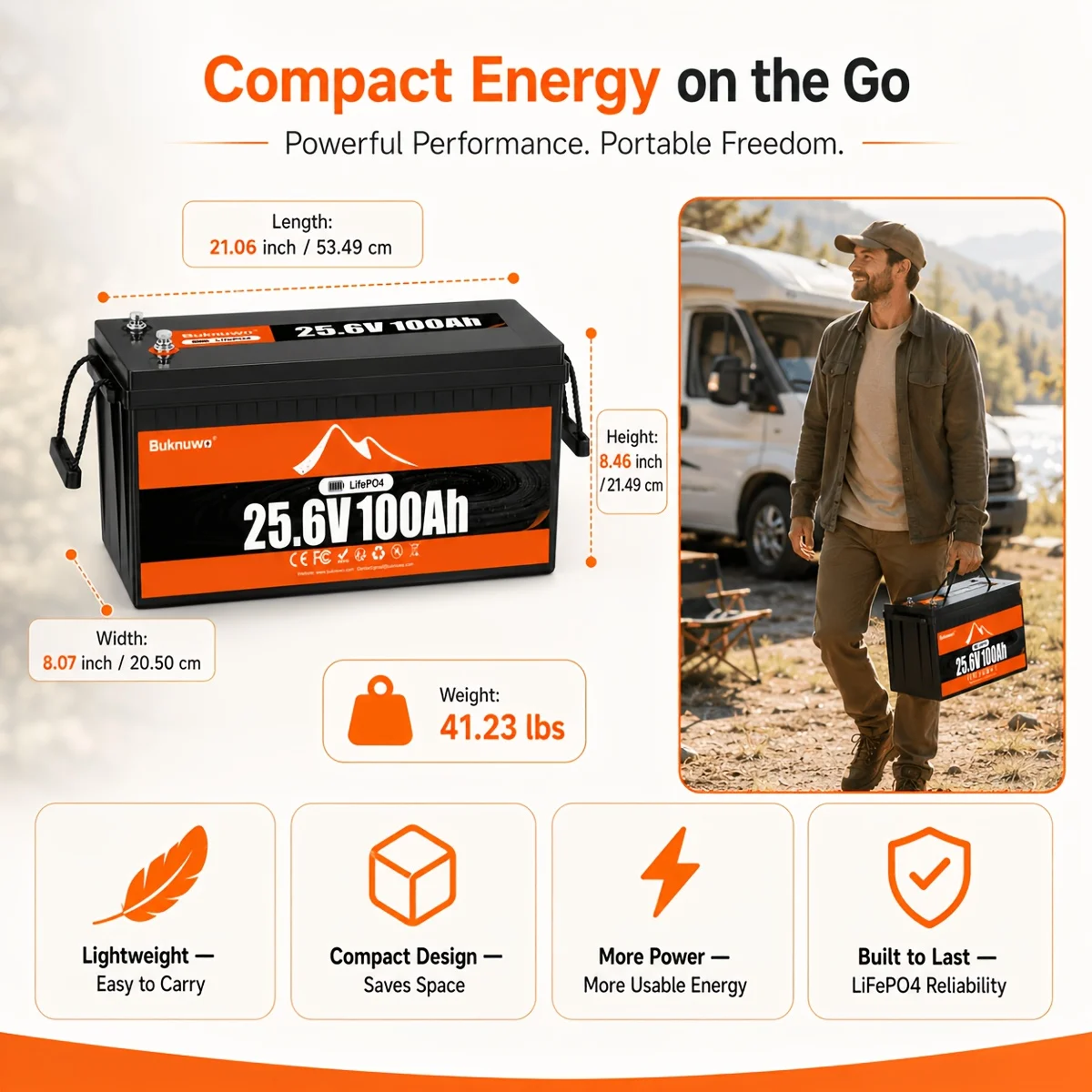 Buknuwo 24V/25.6 100Ah M8 Smart LiFePO4 Lithium Battery With Bluetooth, 2560Wh Power Energy Built-in 100A BMS Low Temperature Protection Capable Of Over 4000 Deep Cycles Support Parallel Battery For Trolling Motor, Marine, RV, Solar And Off-Grid