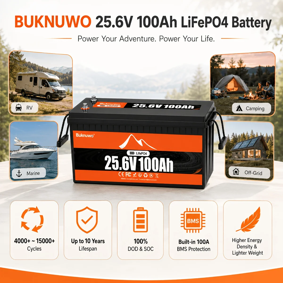 Buknuwo 24V/25.6 100Ah M8 Smart LiFePO4 Lithium Battery With Bluetooth, 2560Wh Power Energy Built-in 100A BMS Low Temperature Protection Capable Of Over 4000 Deep Cycles Support Parallel Battery For Trolling Motor, Marine, RV, Solar And Off-Grid