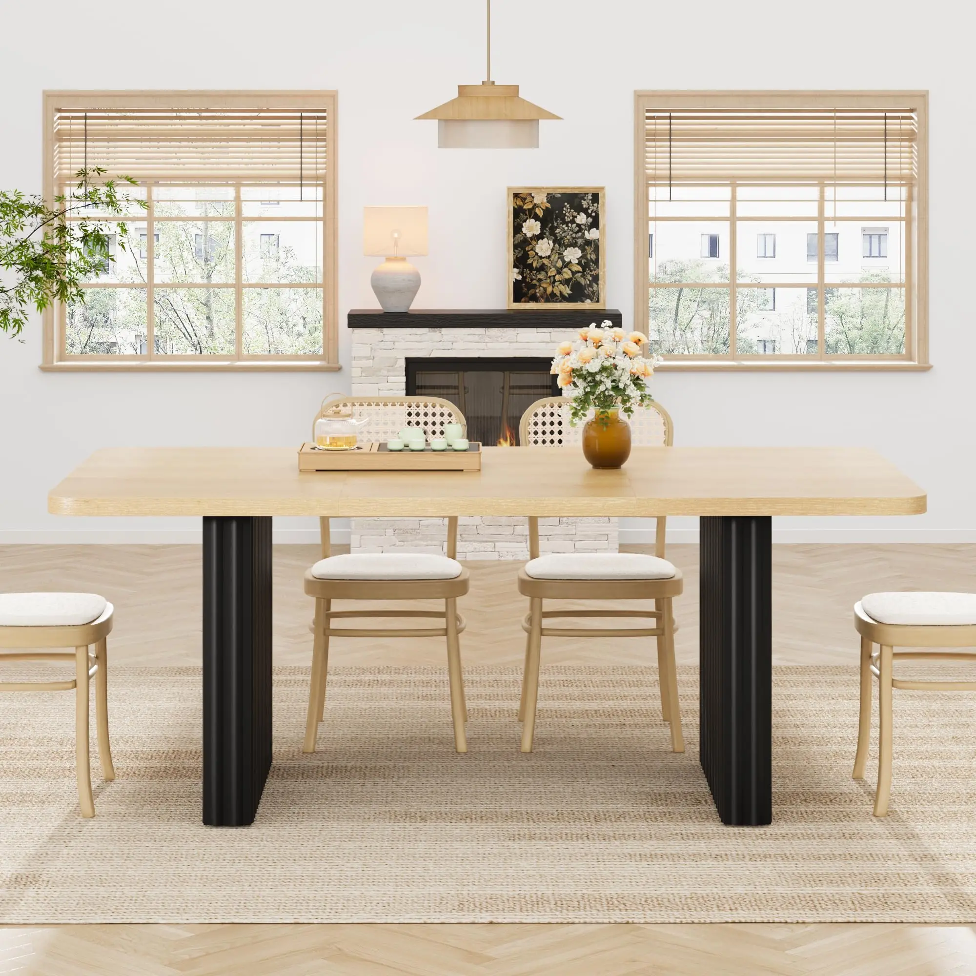 71 Inch Industrial Dining Table For 6-8, Farmhouse Rectangular Kitchen Table With Rustic Wood Top And Black Fluted Metal Legs
