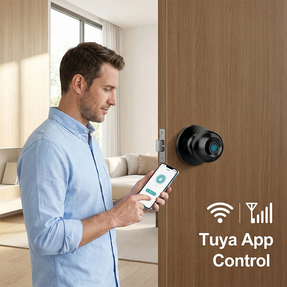 Smart Fingerprint Door Knob Lock Tuya App Control Keyless Entry Smart Lock Temporary Password Unlock Easy Install Round Handle Lock for Bedroom Office Interior Doors