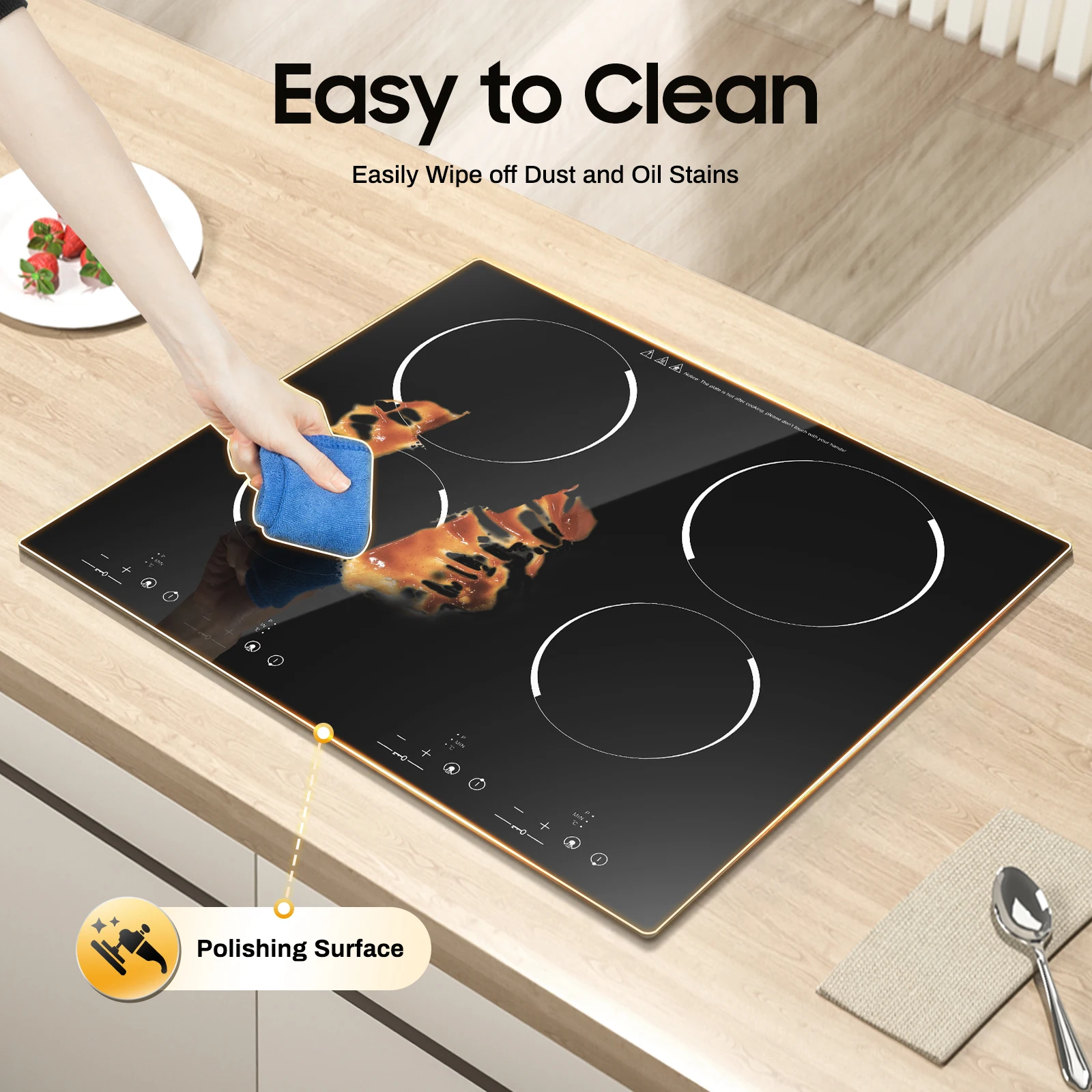 4 Burner Electric Ceramic Cooktop 110V 3000W 9 Power Levels LED Touch Display Built Countertop Dual Mount Overheat Lock Protection Far Infrared Heating Household Restaurant Cooking Range