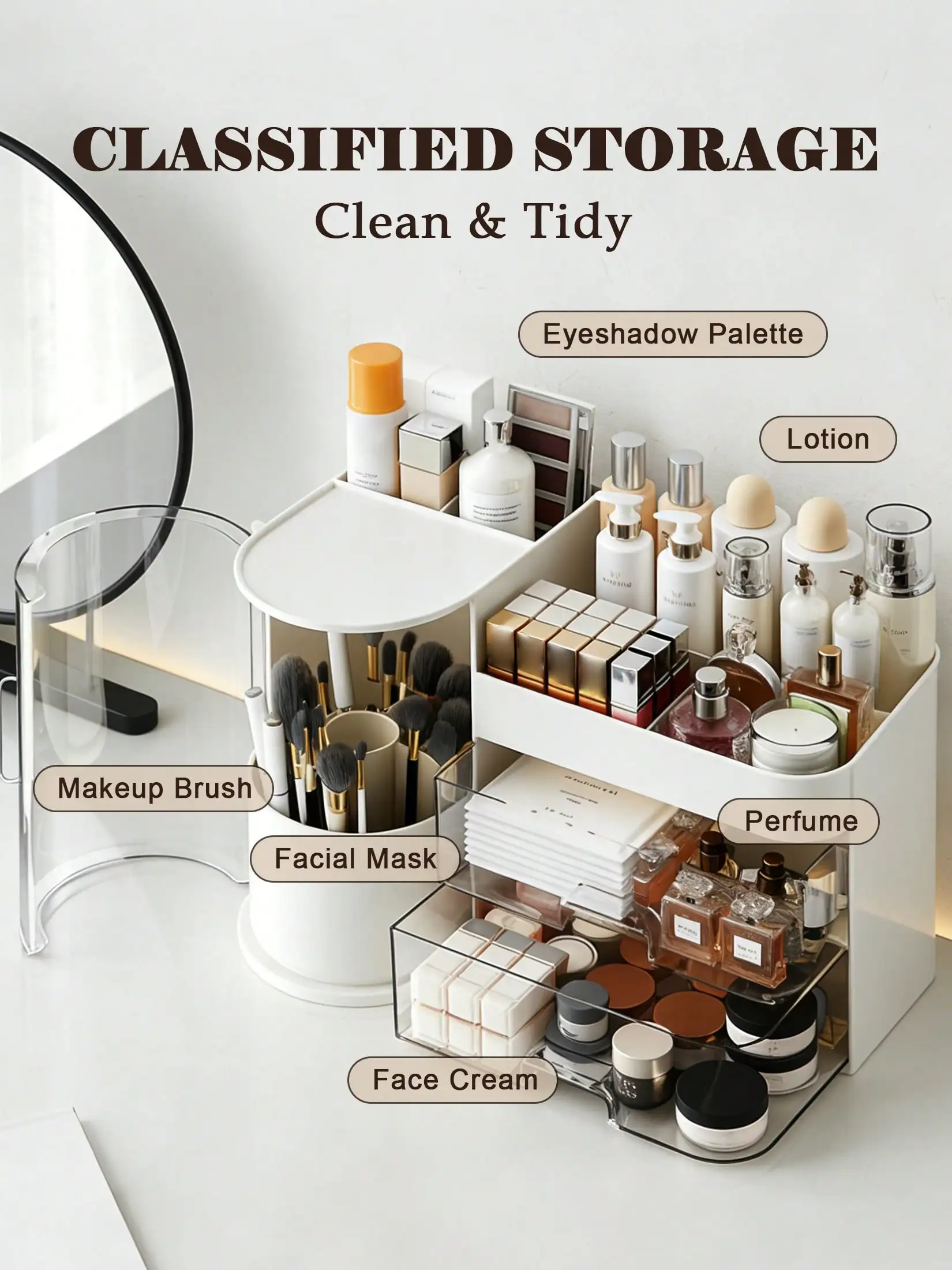 2-Tier Rotating Makeup Organizer with Brush Holder, Large Capacity Skincare Storage Box for Bathroom Countertop Vanity Dresser, White