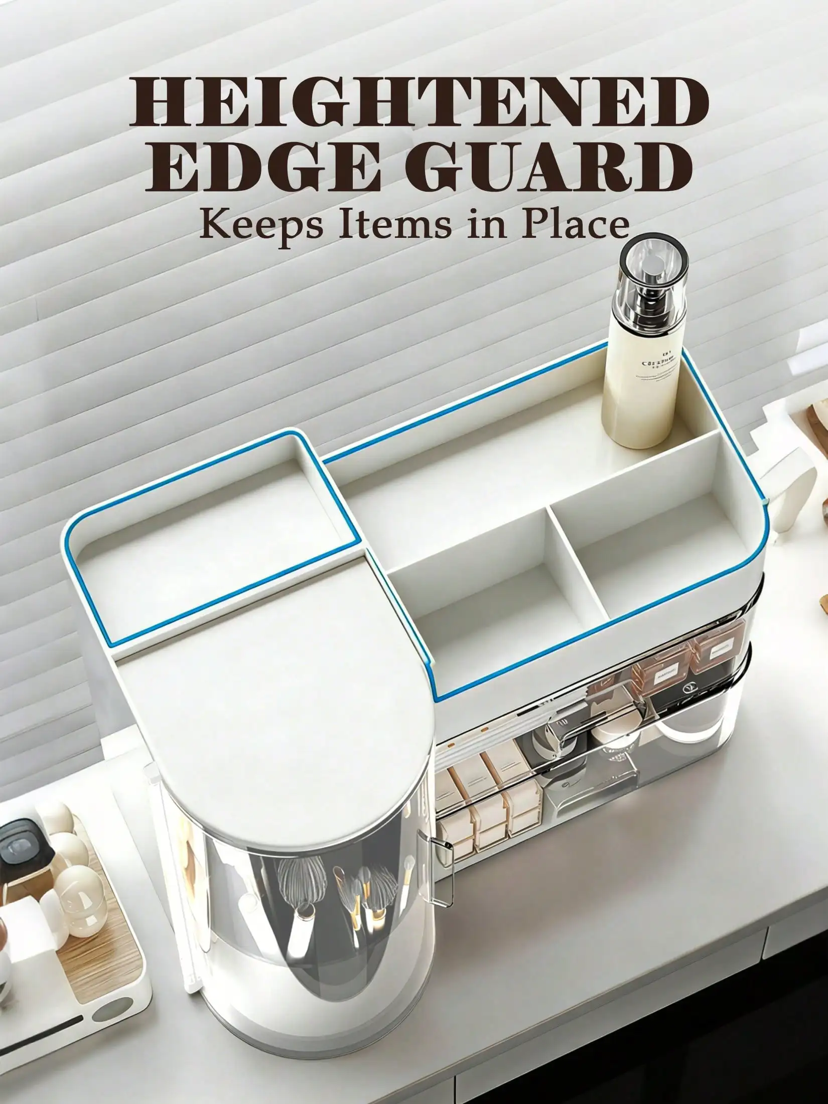 2-Tier Rotating Makeup Organizer with Brush Holder, Large Capacity Skincare Storage Box for Bathroom Countertop Vanity Dresser, White