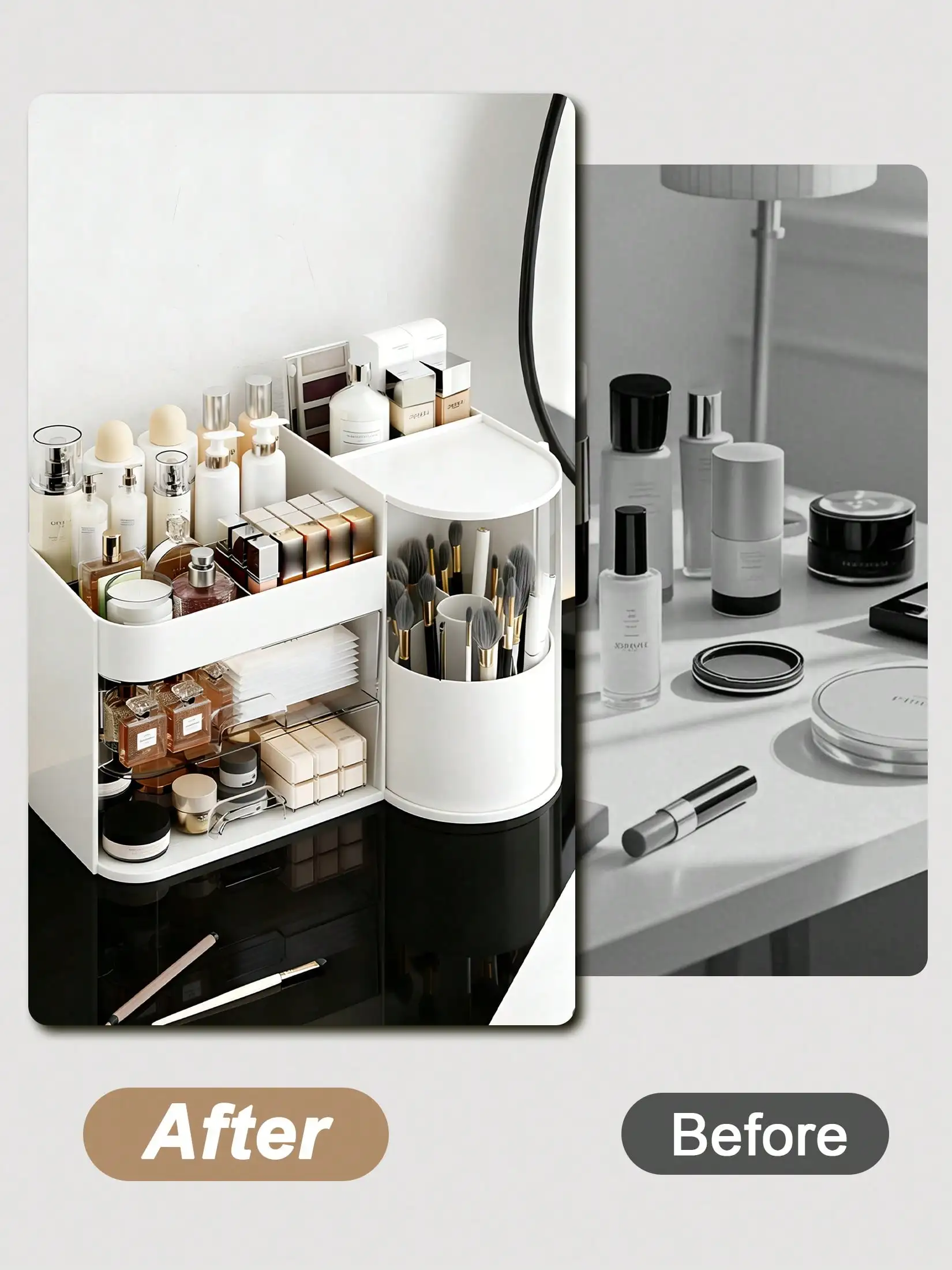 2-Tier Rotating Makeup Organizer with Brush Holder, Large Capacity Skincare Storage Box for Bathroom Countertop Vanity Dresser, White
