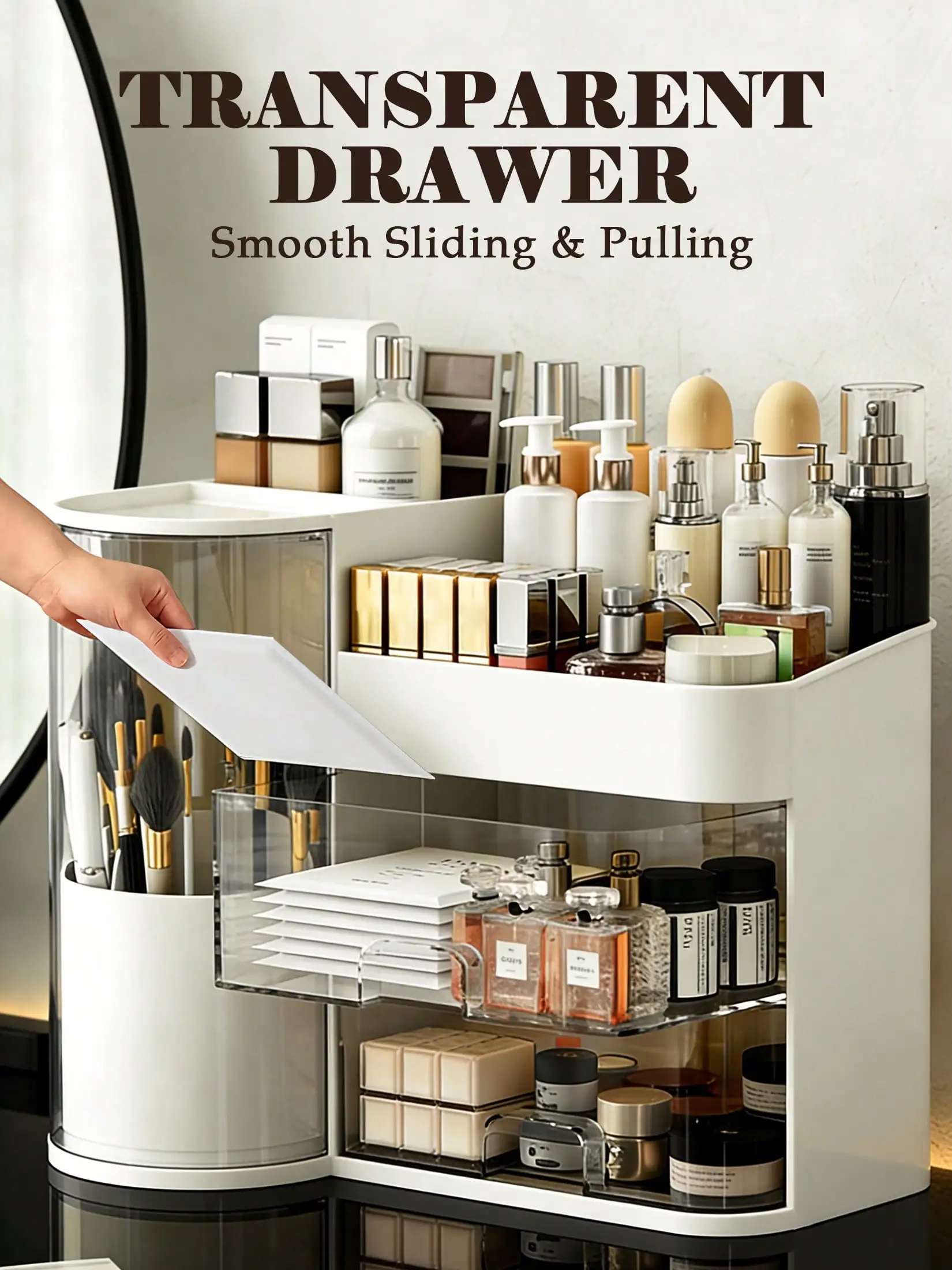 2-Tier Rotating Makeup Organizer with Brush Holder, Large Capacity Skincare Storage Box for Bathroom Countertop Vanity Dresser, White