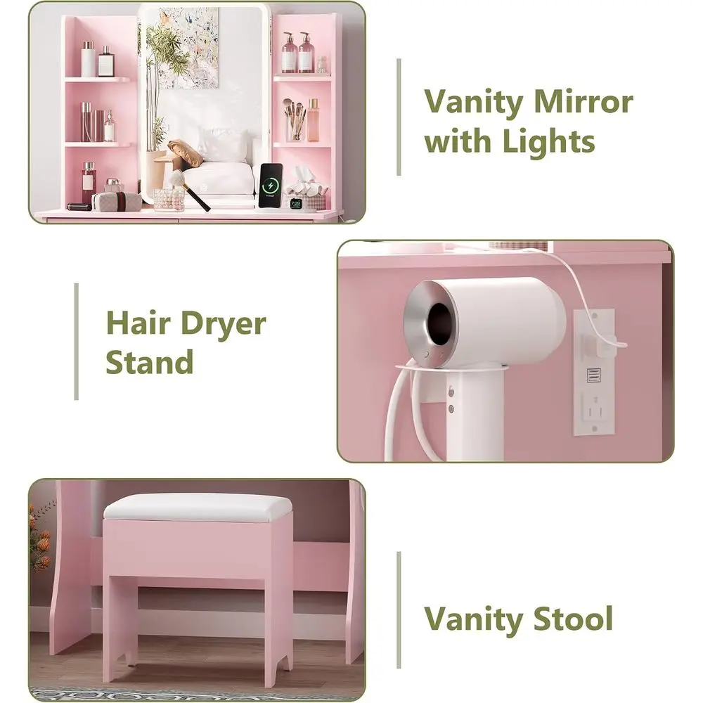Small Vanity Desk with Mirror and Lights, Makeup Vanity with LED Lights, Pink Vanity Mirror with Lighted Desk and Chair, 3 Light