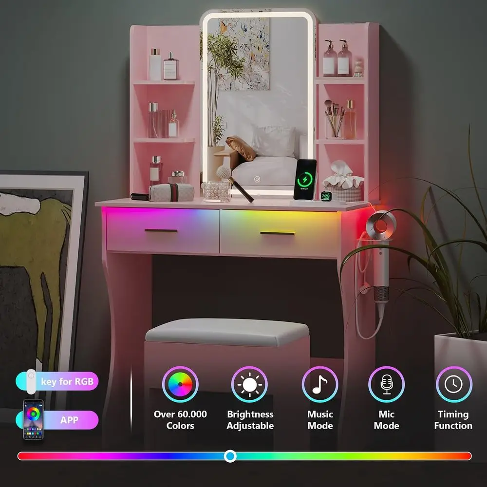 Small Vanity Desk with Mirror and Lights, Makeup Vanity with LED Lights, Pink Vanity Mirror with Lighted Desk and Chair, 3 Light