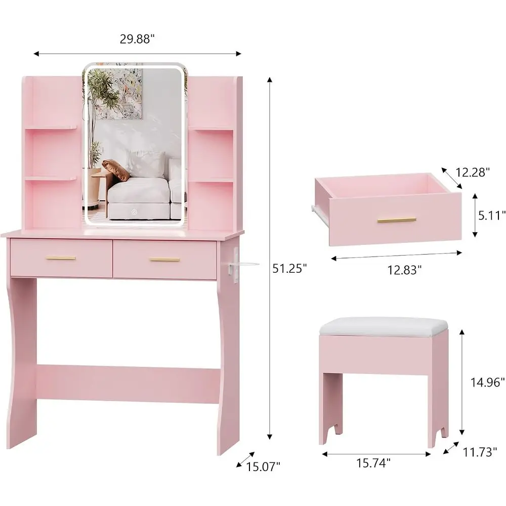Small Vanity Desk with Mirror and Lights, Makeup Vanity with LED Lights, Pink Vanity Mirror with Lighted Desk and Chair, 3 Light
