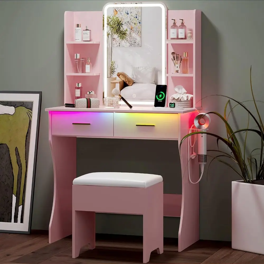 Small Vanity Desk with Mirror and Lights, Makeup Vanity with LED Lights, Pink Vanity Mirror with Lighted Desk and Chair, 3 Light