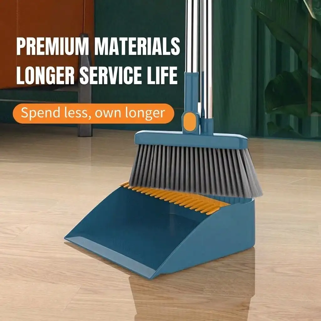 Broom And Dustpan Set, Blue, 2-Piece, 180 Degree Rotatable, Extendable Handle Up To 53 Inches, 4-Layer Thick Brush, Comb Teeth, Folding Storage