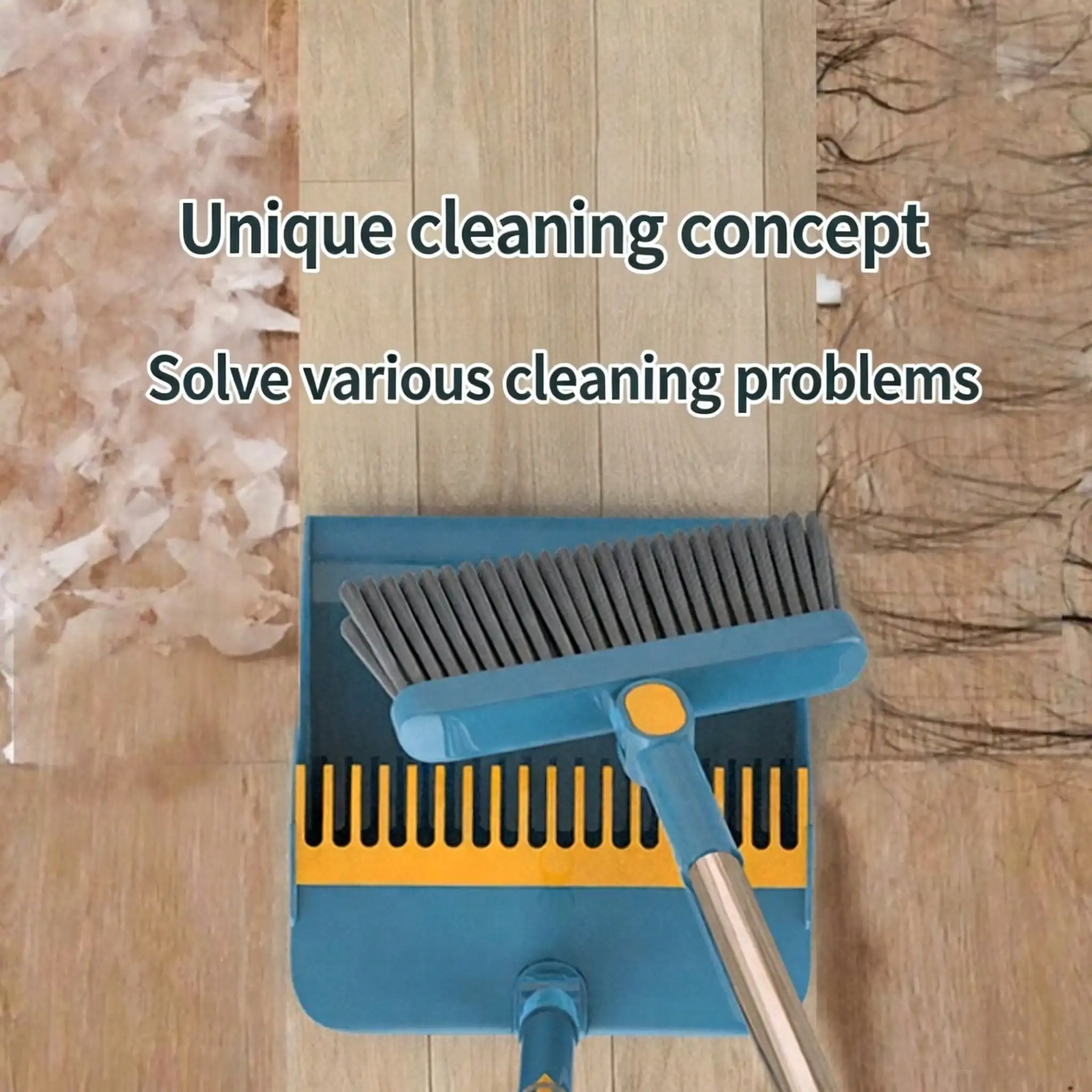 Broom And Dustpan Set, Blue, 2-Piece, 180 Degree Rotatable, Extendable Handle Up To 53 Inches, 4-Layer Thick Brush, Comb Teeth, Folding Storage