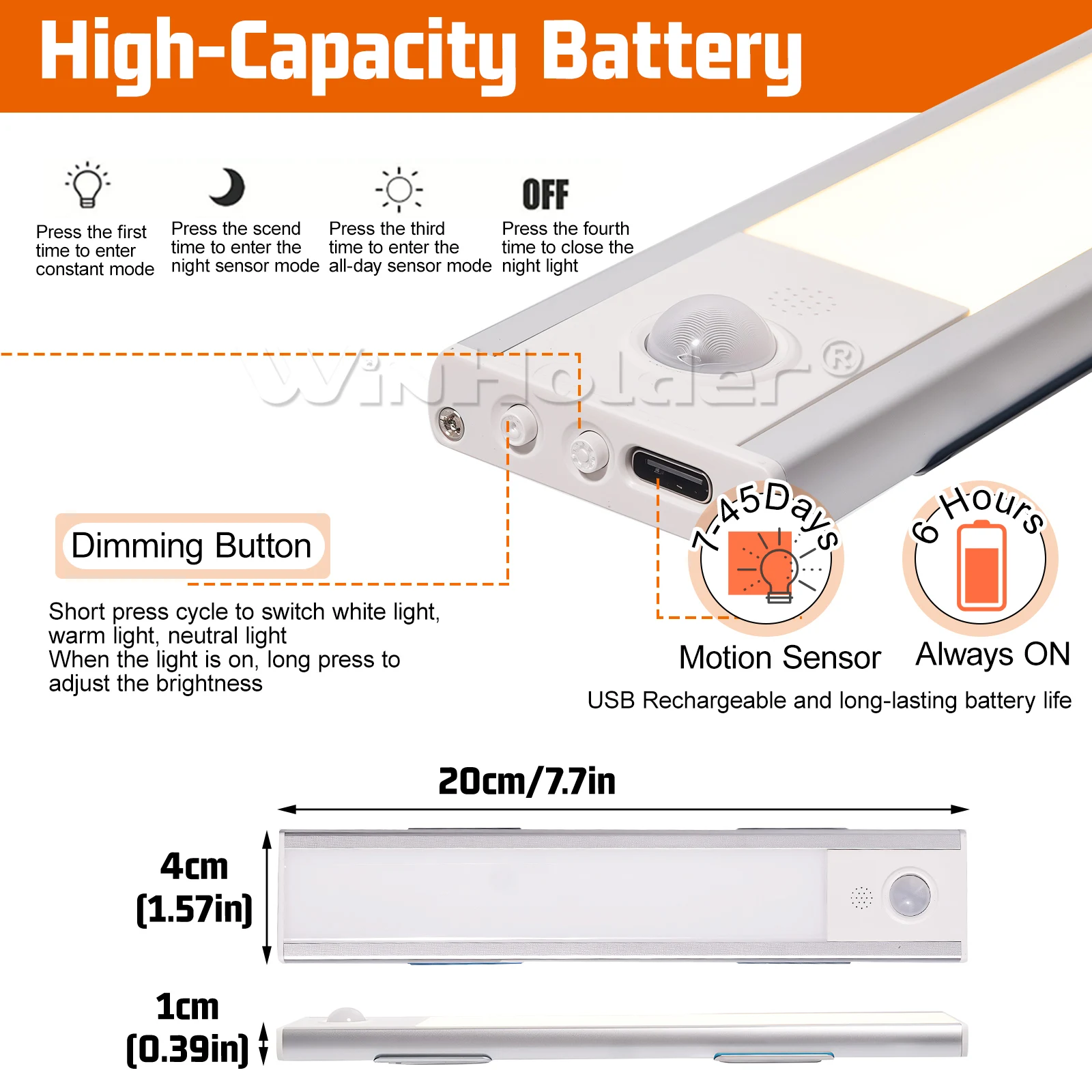 2/4/8/10X Dimmable Cabinet Light USB Rechargeable Motion Sensor Led Three Colors Lamp For Kitchen Wardrobe Indoor Lighting 20/30cm