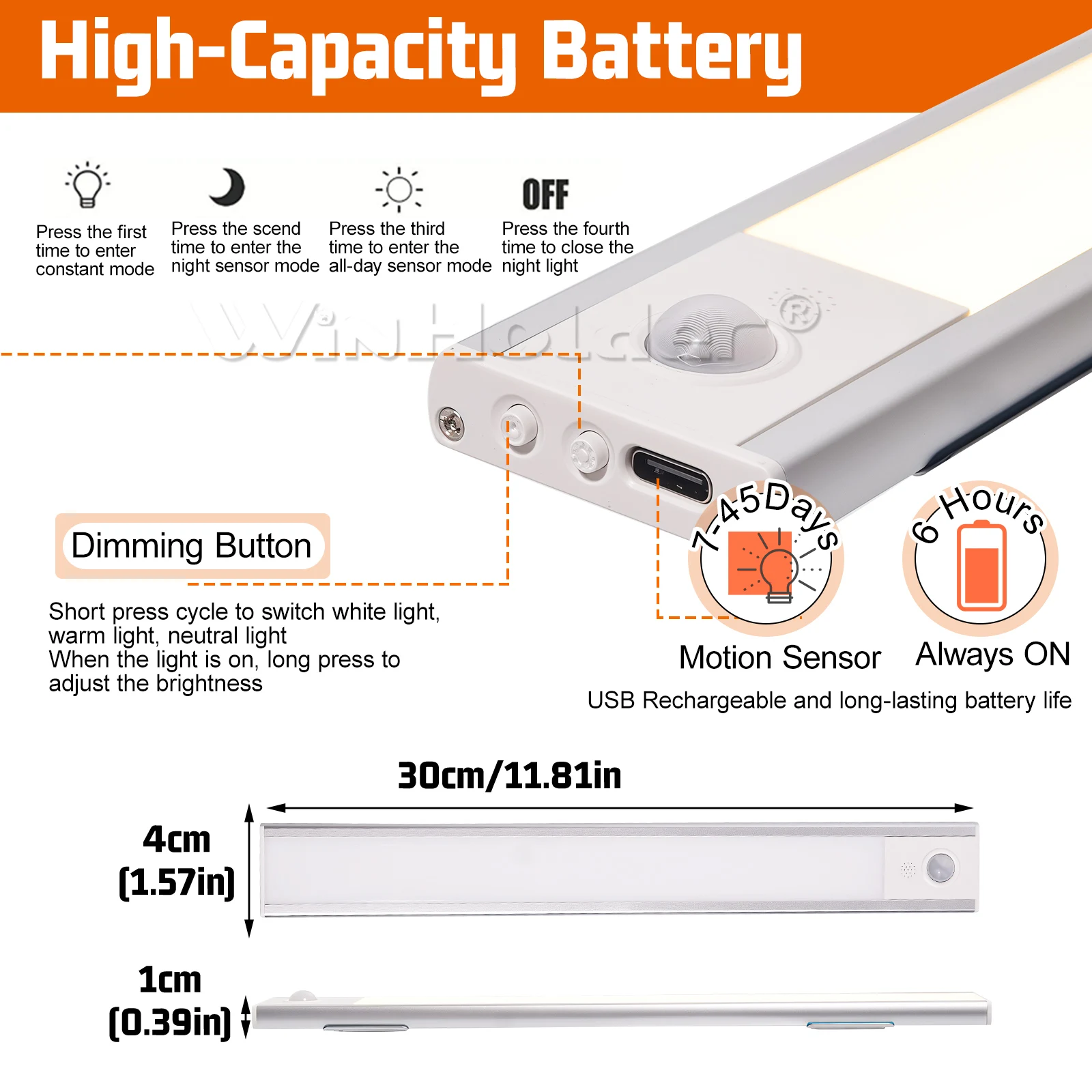 2/4/8/10X Dimmable Cabinet Light USB Rechargeable Motion Sensor Led Three Colors Lamp For Kitchen Wardrobe Indoor Lighting 20/30cm