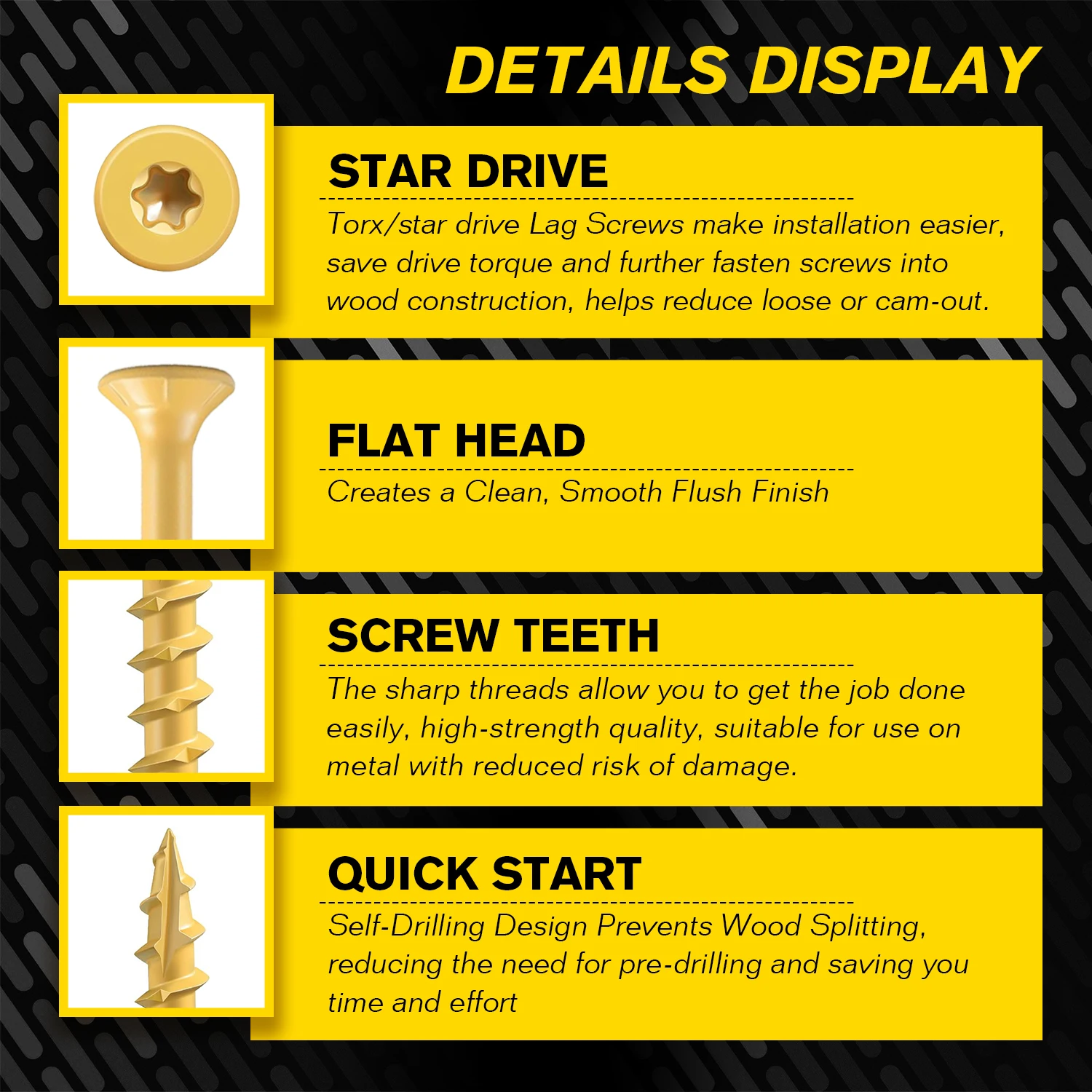 VKKM Yellow Wood Screws T25 Star Drive Self Tapping Screws Anti-Corrosion Fasteners with T25 Bit for Furniture Deck Timber Woodworking