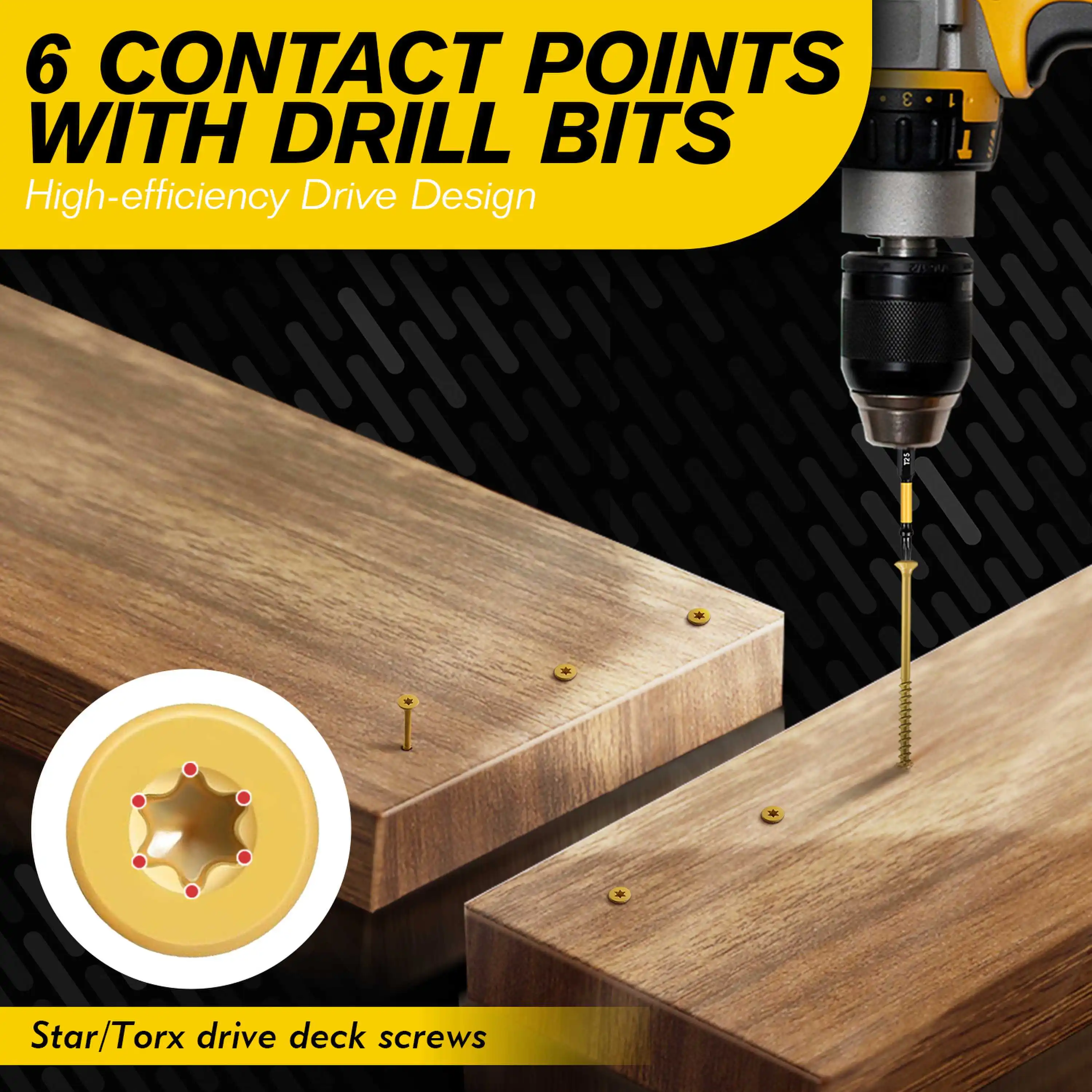 VKKM Yellow Wood Screws T25 Star Drive Self Tapping Screws Anti-Corrosion Fasteners with T25 Bit for Furniture Deck Timber Woodworking