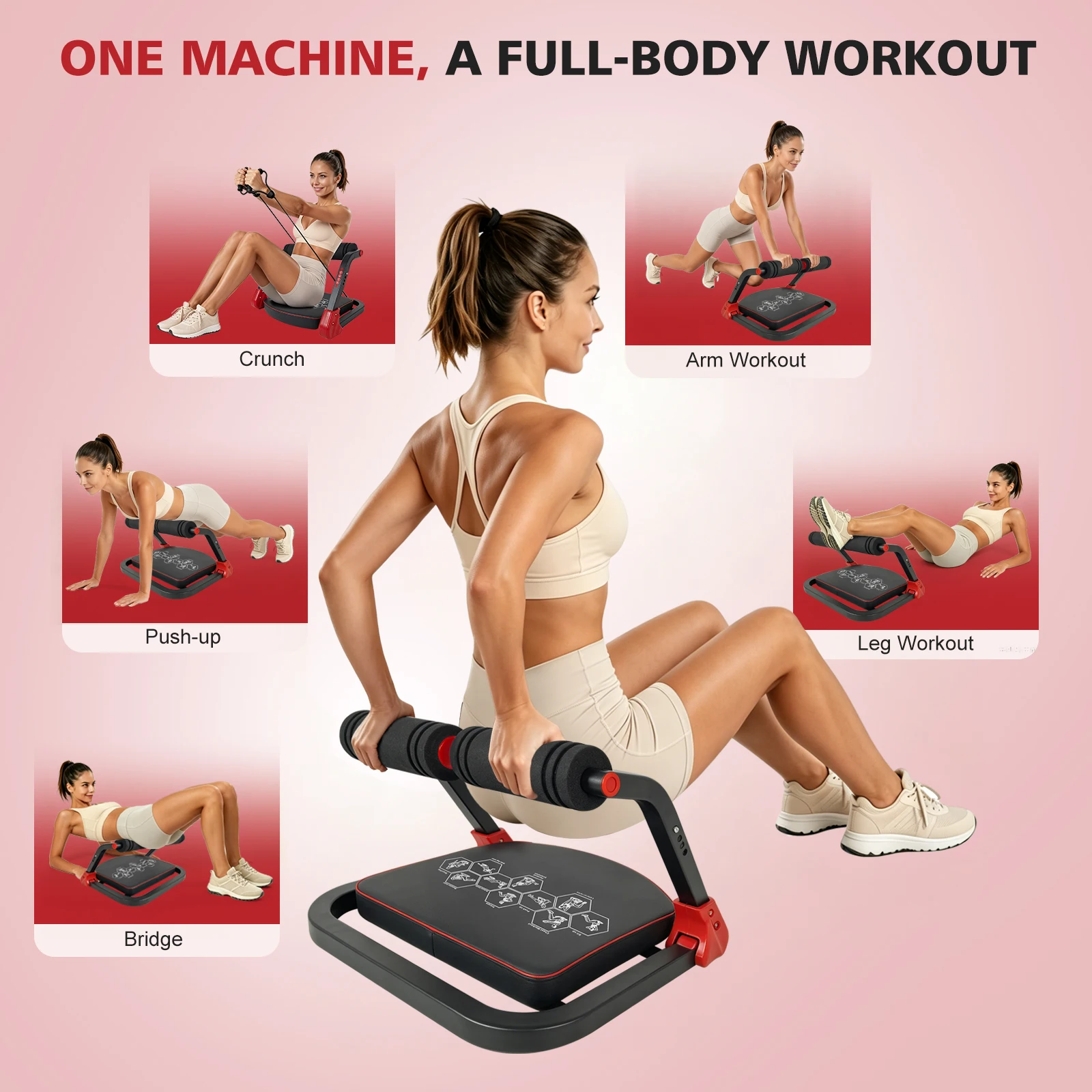 Ab Core Trainer Abdominal Machine For Home Gym With Resistance Bands Red