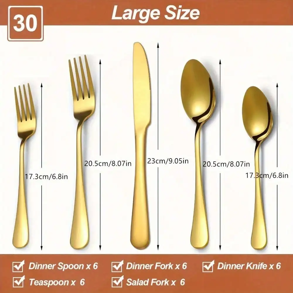 30/60-Piece Luxury Golden Flatware Set, Stainless Steel Cutlery For 6, Includes Dinner Spoons, Teaspoons, Dinner Forks, Salad Forks, Dinner Knives, Ideal For Home, Restaurant, Parties & Weddings