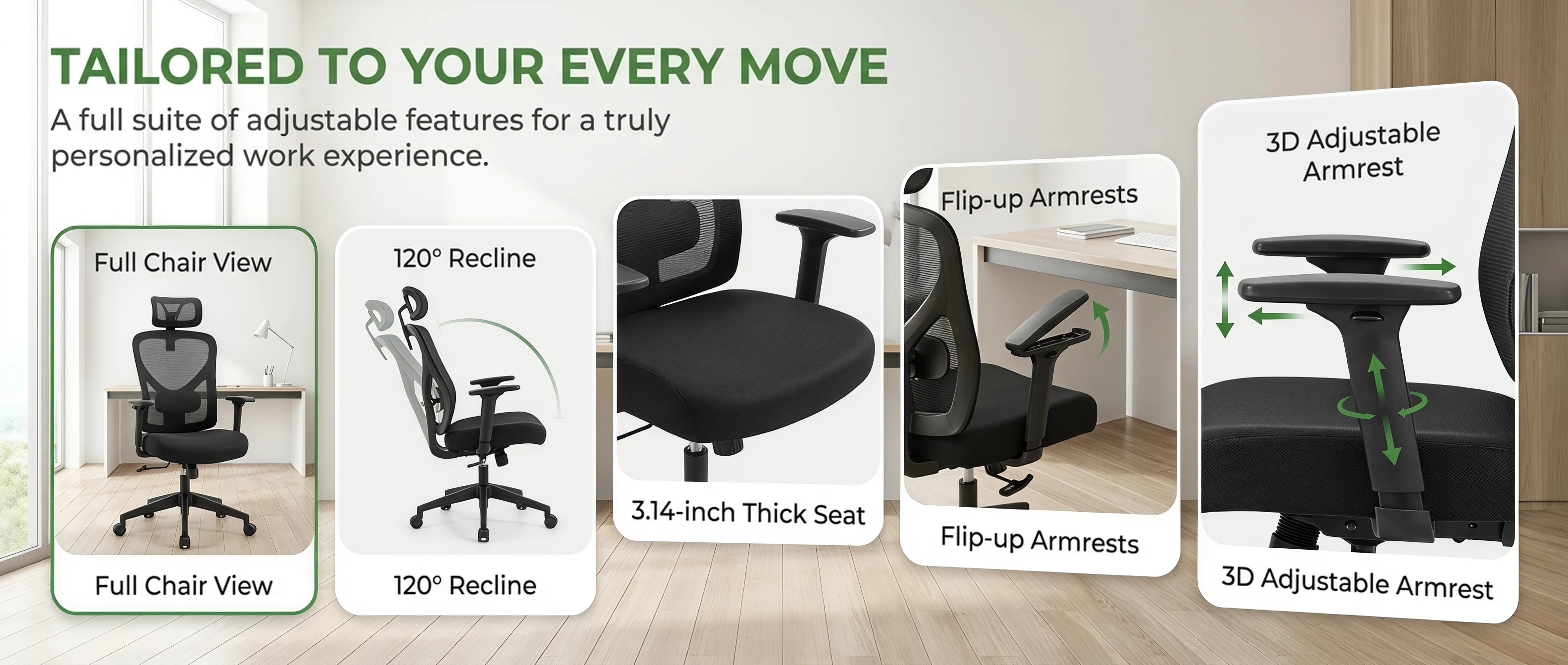 Ergonomic Office Chair: Office Desk Chair with High Back Mesh and Adjustable Lumbar Support Rolling Work Swivel Task Chairs with Wheel 3D Armrests and Headrest