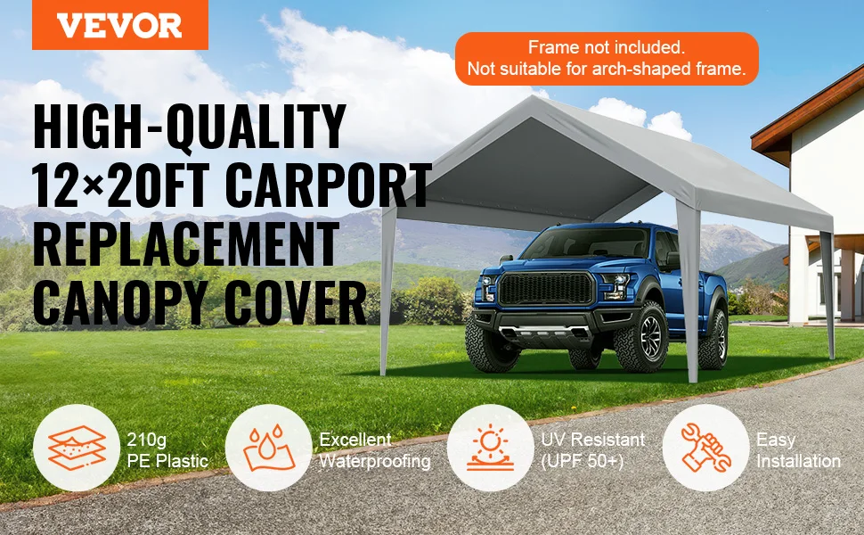 VEVOR Carport Replacement Canopy Cover Garage Top Tent Shelter Tarp Heavy-Duty Waterproof & UV Protected (Frame Not Include)
