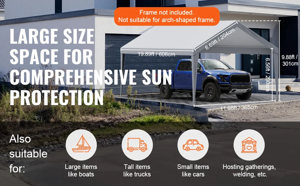 VEVOR Carport Replacement Canopy Cover Garage Top Tent Shelter Tarp Heavy-Duty Waterproof & UV Protected (Frame Not Include)